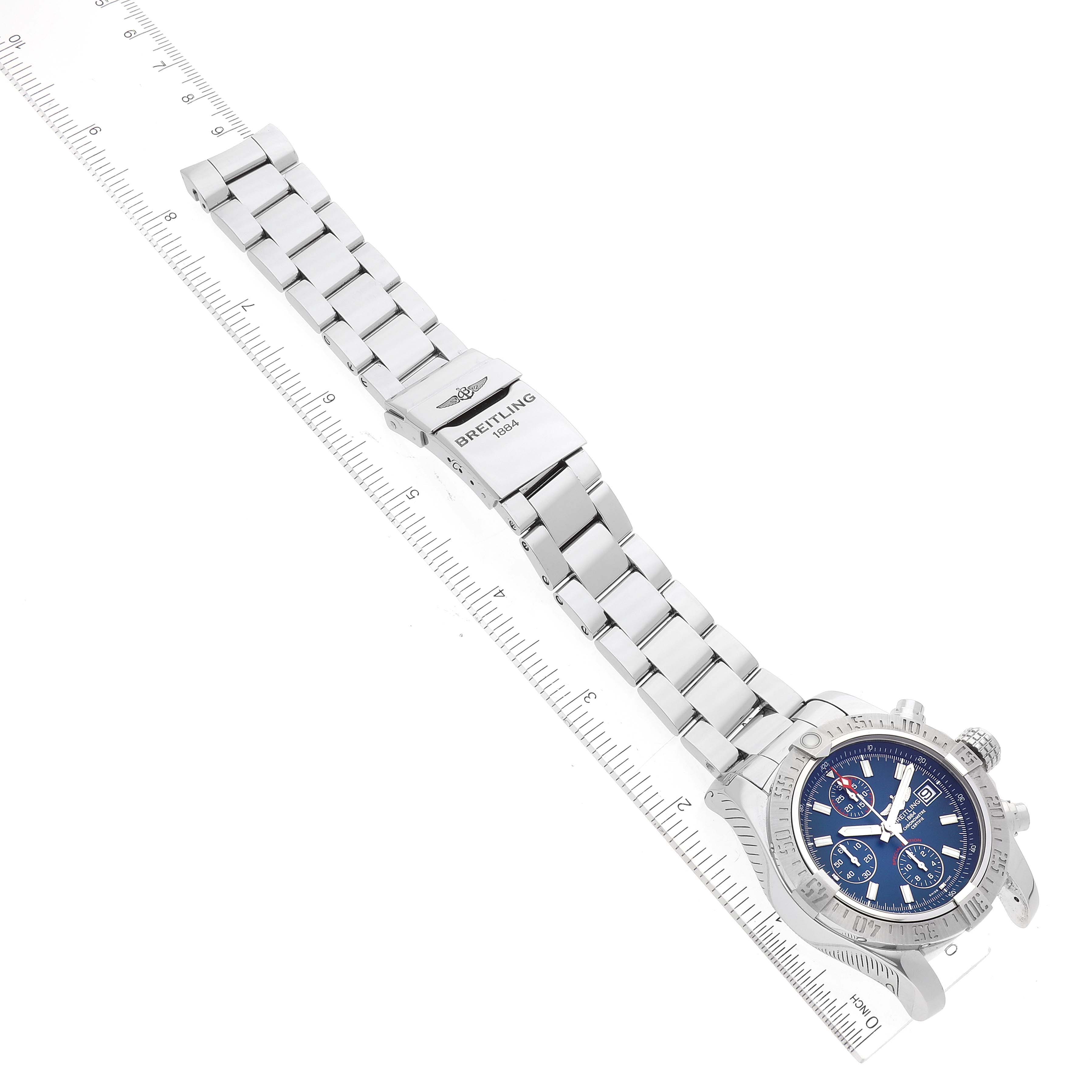 The image shows a top-down view of a Breitling Avenger A13381 Men's Stainless Steel Blue Dial A13381 Men's Stainless Steel Blue Dial watch, displaying the face, bezel, and stainless steel bracelet.