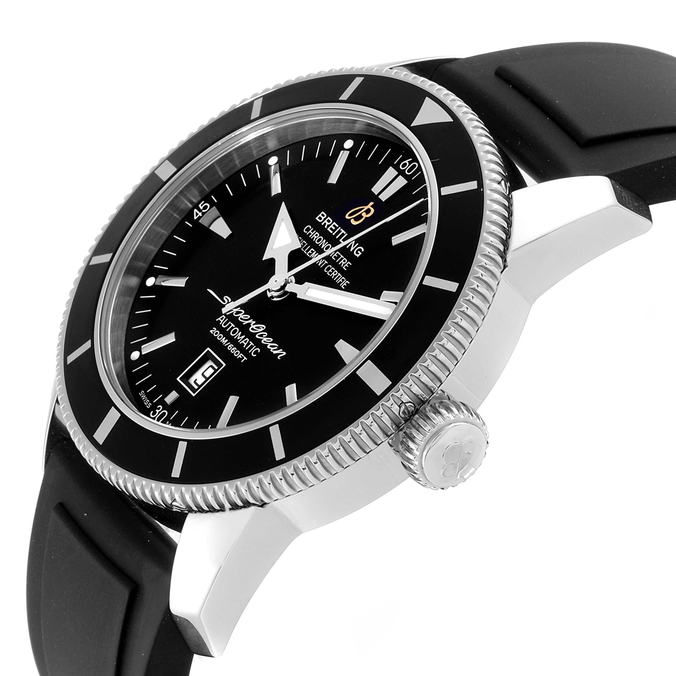The image shows a side angle of a Breitling Superocean A17320 Men
s Stainless Steel Black Dial A17320 Men
s Stainless Steel Black Dial watch highlighting the case, bezel, crown, and part of the strap.