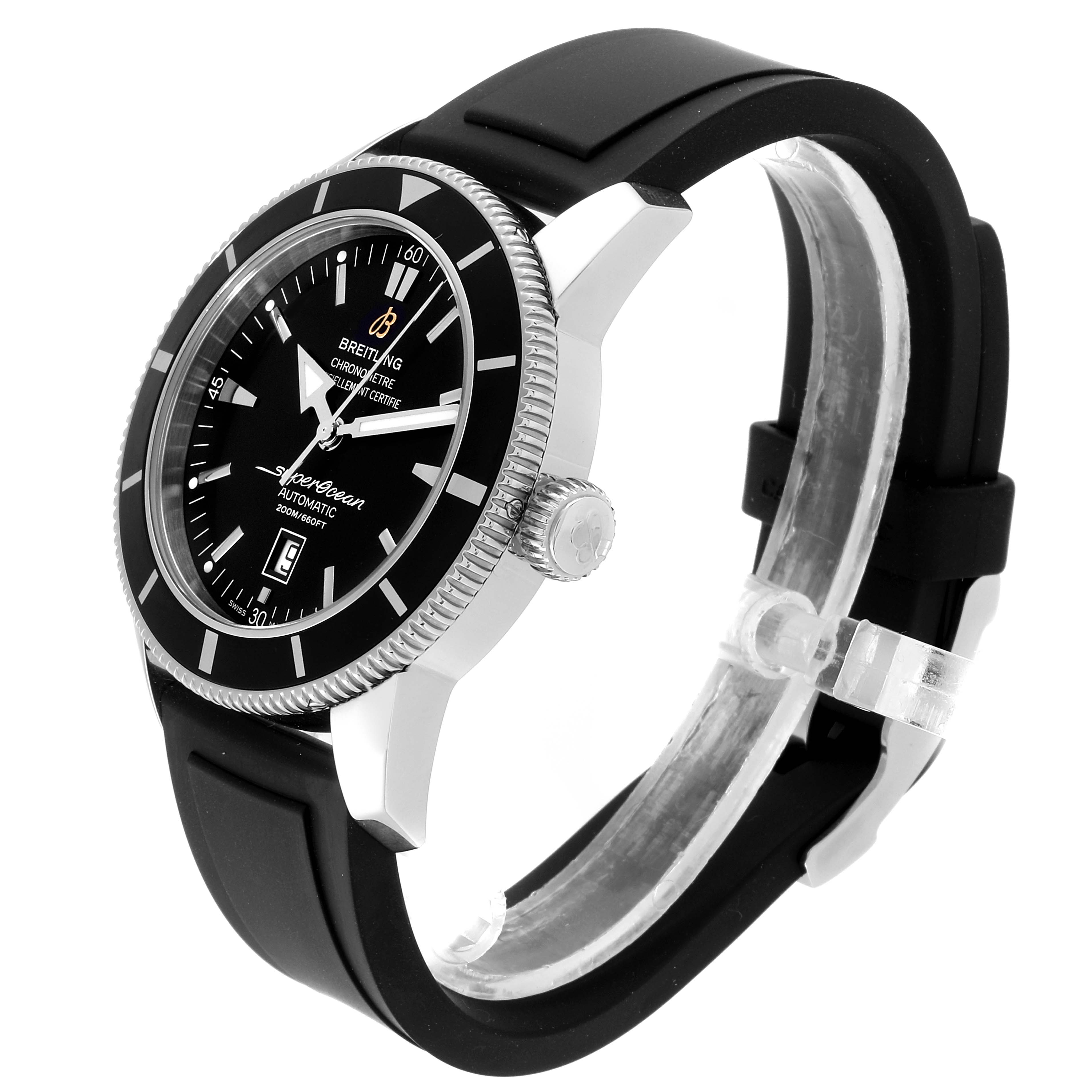 The image shows a Breitling Superocean A17320 Men
s Stainless Steel Black Dial A17320 Men
s Stainless Steel Black Dial watch at a three-quarter side angle, highlighting the bezel, dial, crown, and part of the strap.
