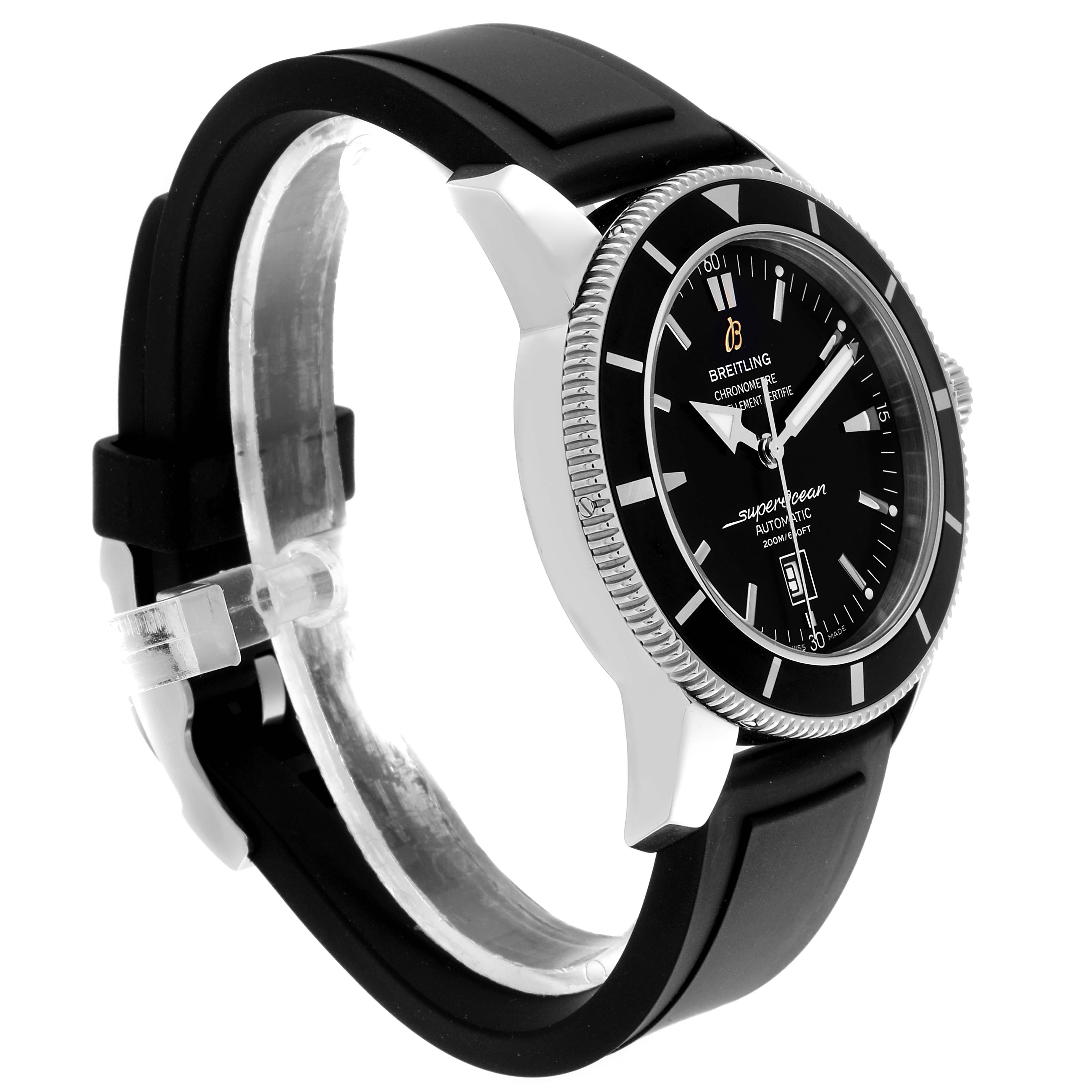 The image shows a side view of a Breitling Superocean A17320 Men
s Stainless Steel Black Dial A17320 Men
s Stainless Steel Black Dial watch, highlighting its black dial and bezel, and black rubber strap.