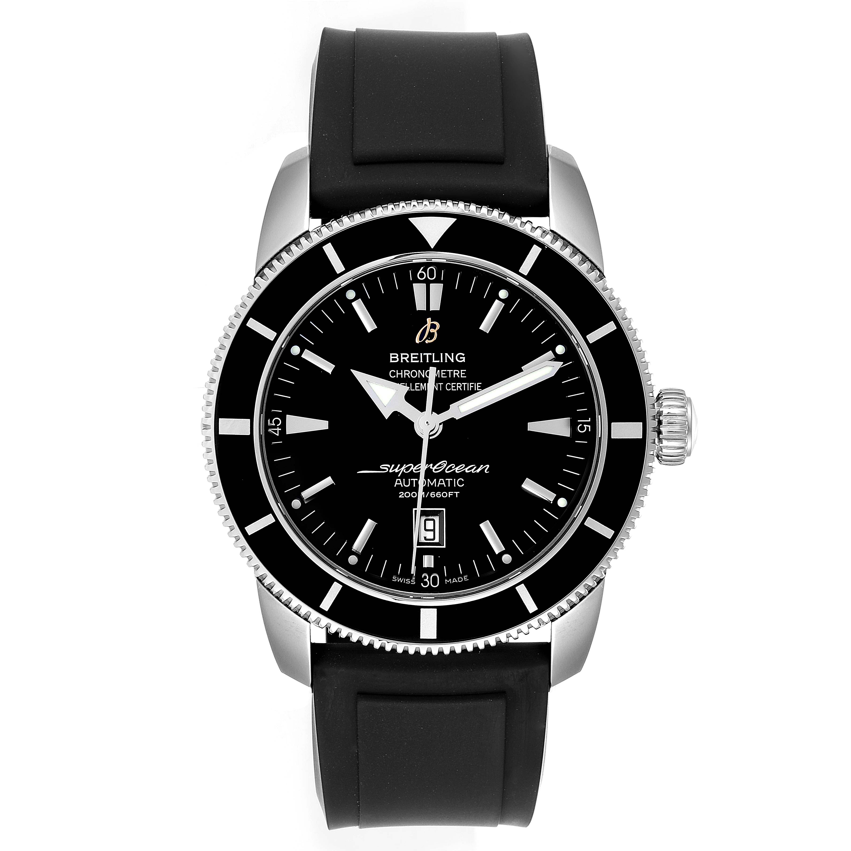 The image shows a Breitling Superocean A17320 Men
s Stainless Steel Black Dial A17320 Men
s Stainless Steel Black Dial watch front view, displaying its black dial, bezel, and rubber strap.