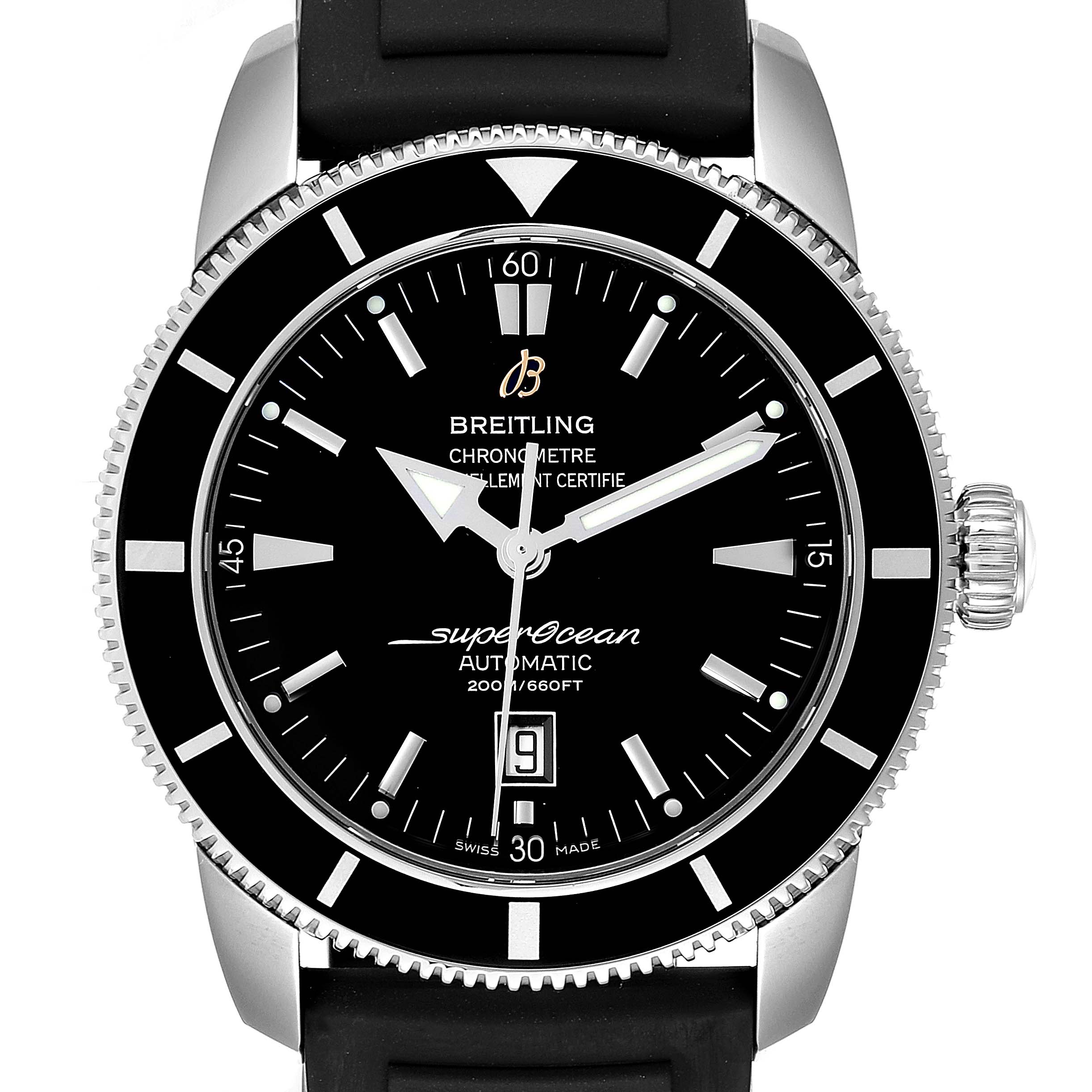 The image shows a front view of the Breitling Superocean A17320 Men
s Stainless Steel Black Dial A17320 Men
s Stainless Steel Black Dial watch, highlighting the bezel, dial, hands, and crown.