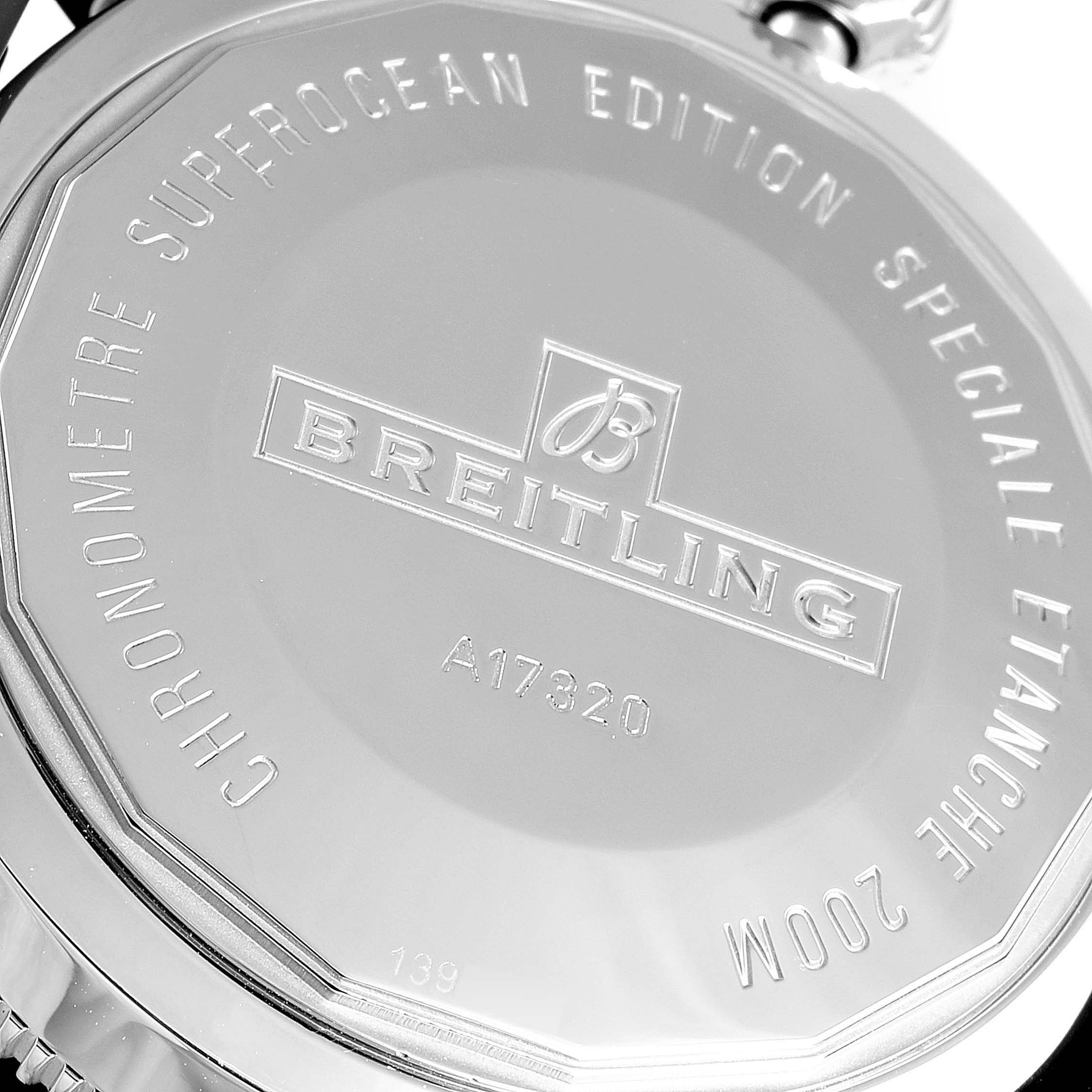 The image shows the back case of a Breitling Superocean A17320 Men
s Stainless Steel Black Dial A17320 Men
s Stainless Steel Black Dial watch, displaying the brand name and model number (A17320).