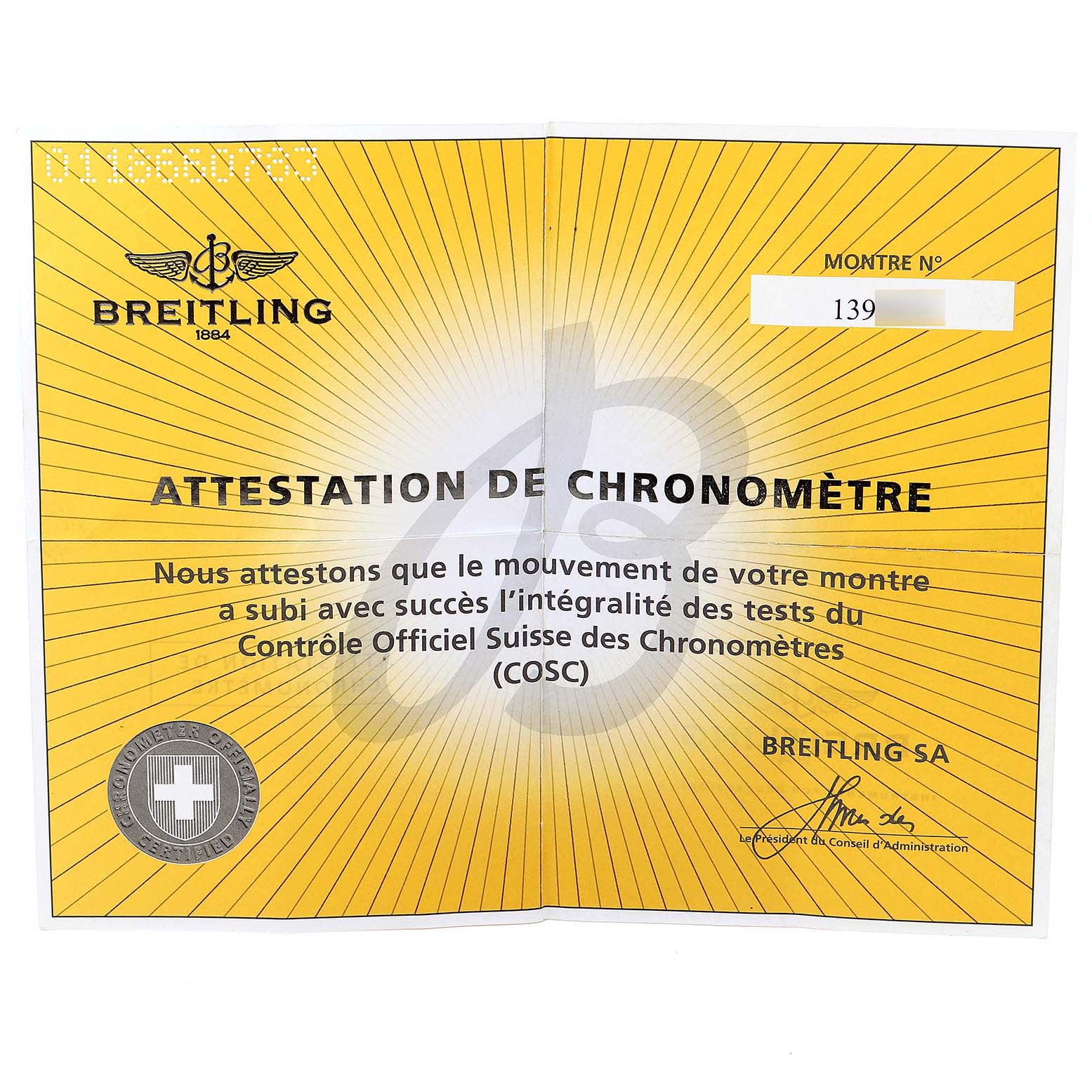 The image shows a Breitling Superocean A17320 Men
s Stainless Steel Black Dial A17320 Men
s Stainless Steel Black Dial model
s chronometer certificate from the Official Swiss Chronometer Testing Institute (COSC).