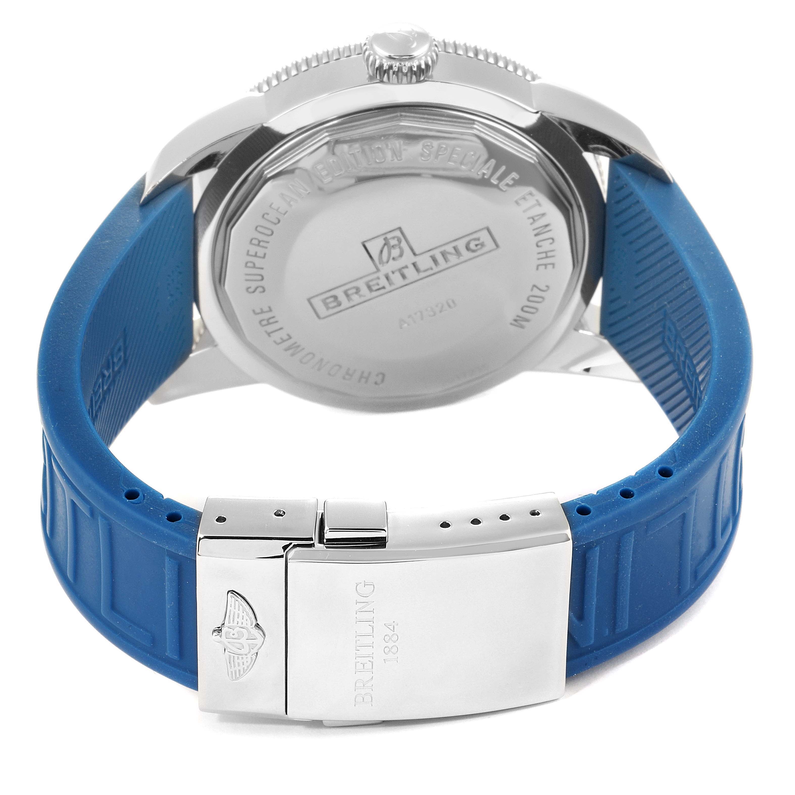 This image shows the back of a Breitling Superocean A17320 Men's Stainless Steel Blue Dial A17320 Men's Stainless Steel Blue Dial watch, focusing on the case back, crown, and a blue rubber strap with a clasp.