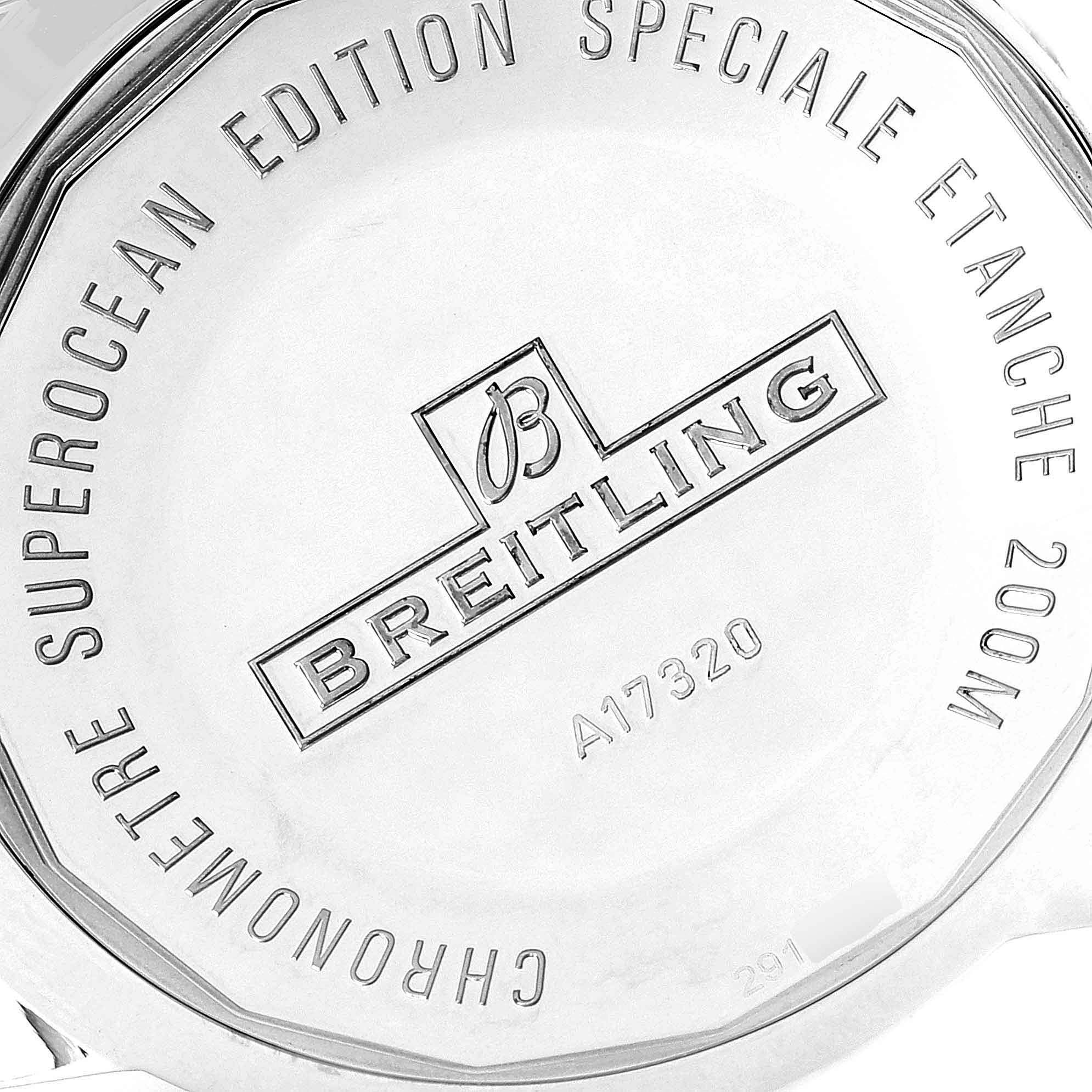 The image shows the back case of a Breitling Superocean A17320 Men's Stainless Steel Blue Dial A17320 Men's Stainless Steel Blue Dial watch with engraved details and model number A17320.