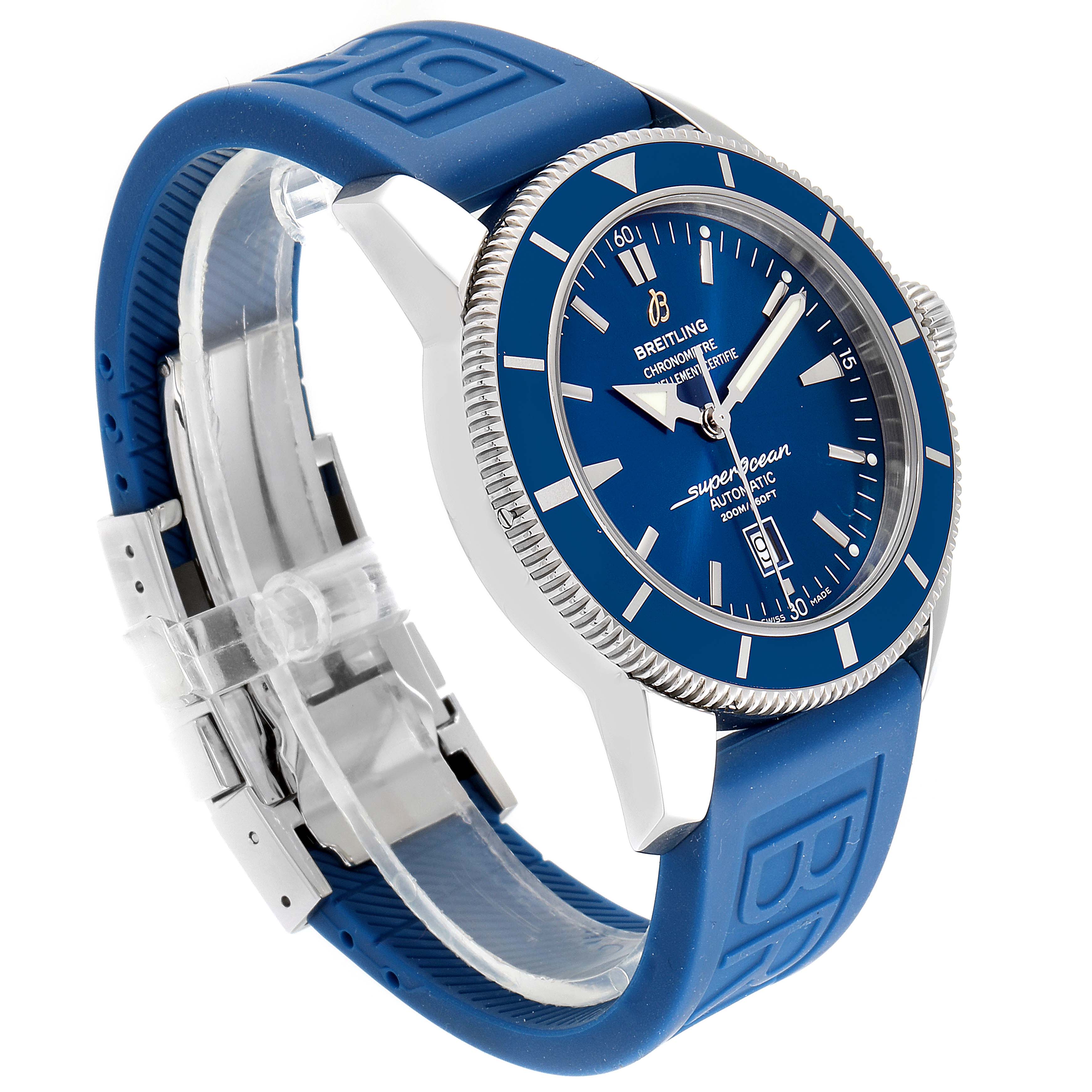 This Breitling Superocean A17320 Men's Stainless Steel Blue Dial A17320 Men's Stainless Steel Blue Dial model watch is shown from an angled front view, revealing the face, bezel, side, and blue strap with clasp.