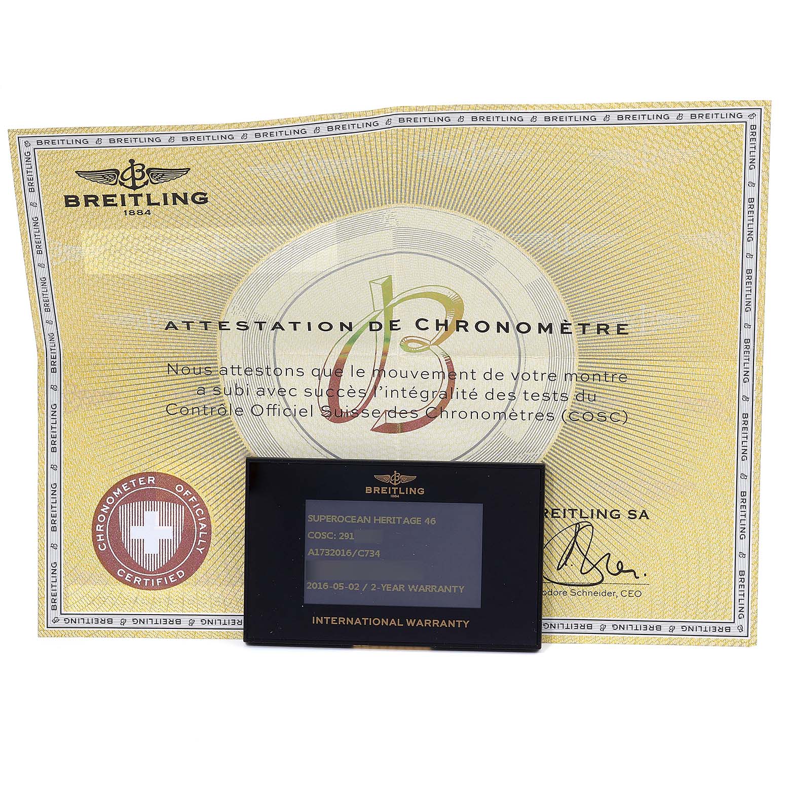 The image shows a warranty card and a chronometer certificate for the Breitling Superocean A17320 Men's Stainless Steel Blue Dial A17320 Men's Stainless Steel Blue Dial Heritage 46 watch.