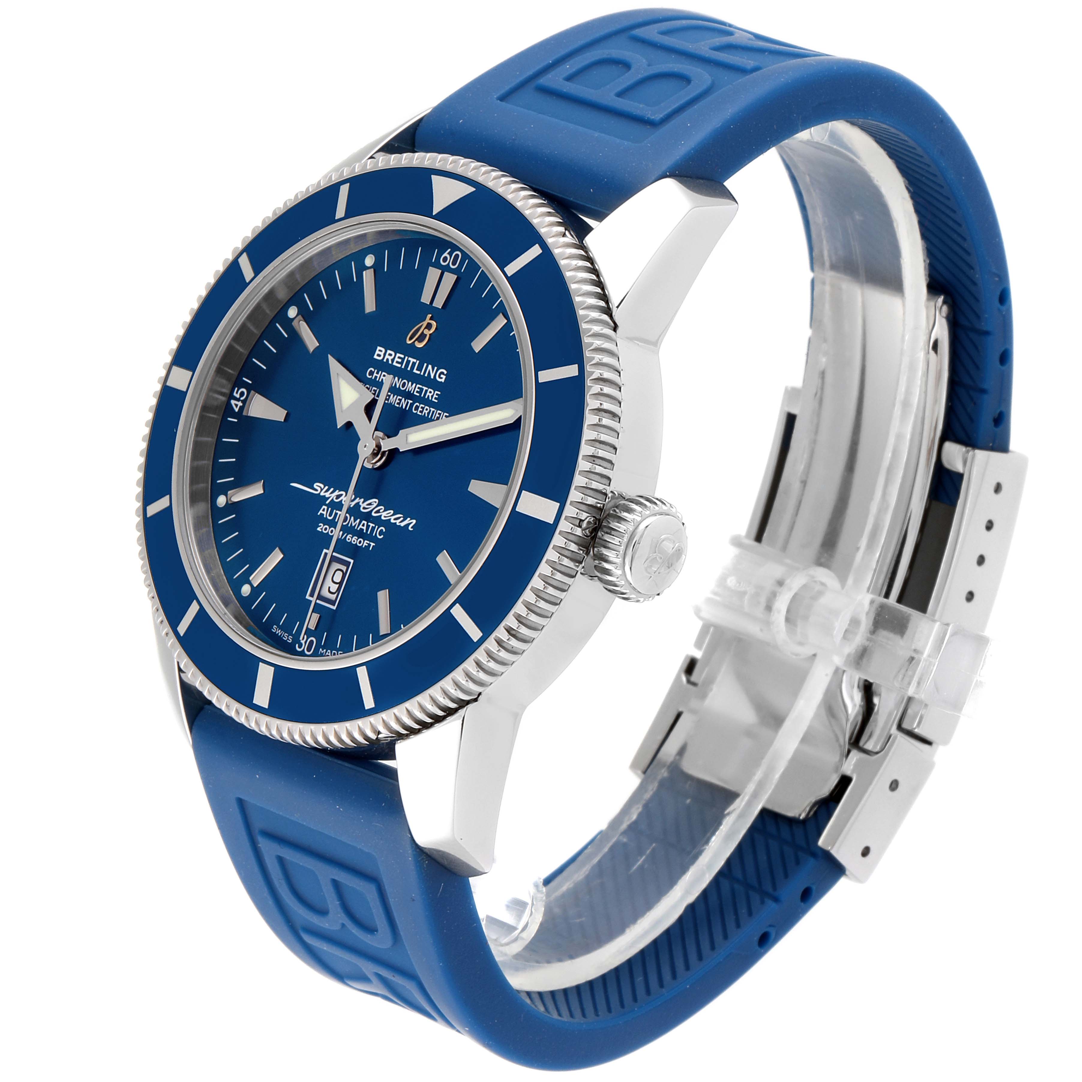 The Breitling Superocean A17320 Men's Stainless Steel Blue Dial A17320 Men's Stainless Steel Blue Dial watch is shown at a 3/4 angle, highlighting the blue dial, bezel, and strap.