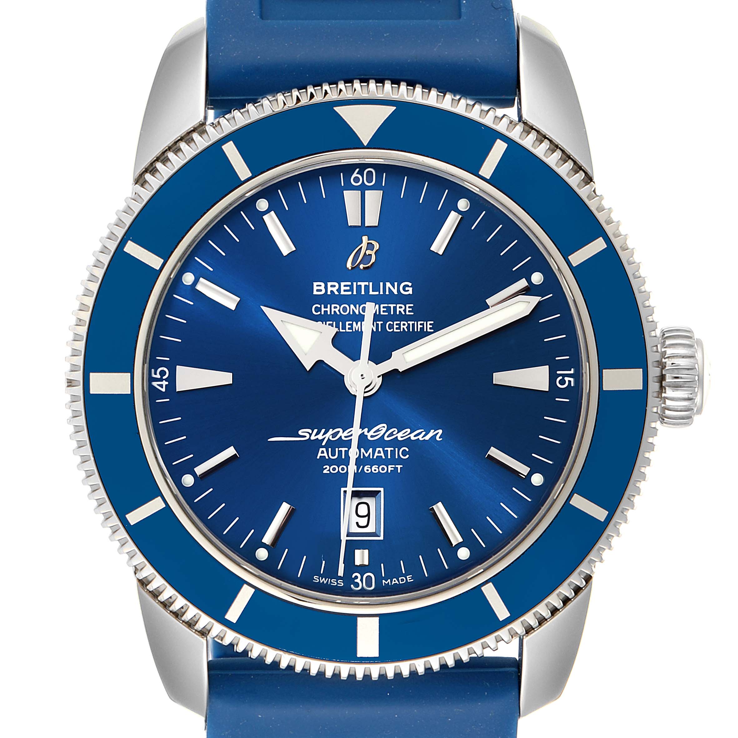 The image shows a Breitling Superocean A17320 Men's Stainless Steel Blue Dial A17320 Men's Stainless Steel Blue Dial watch, featuring a blue dial, blue bezel, and blue strap, viewed from a front angle.