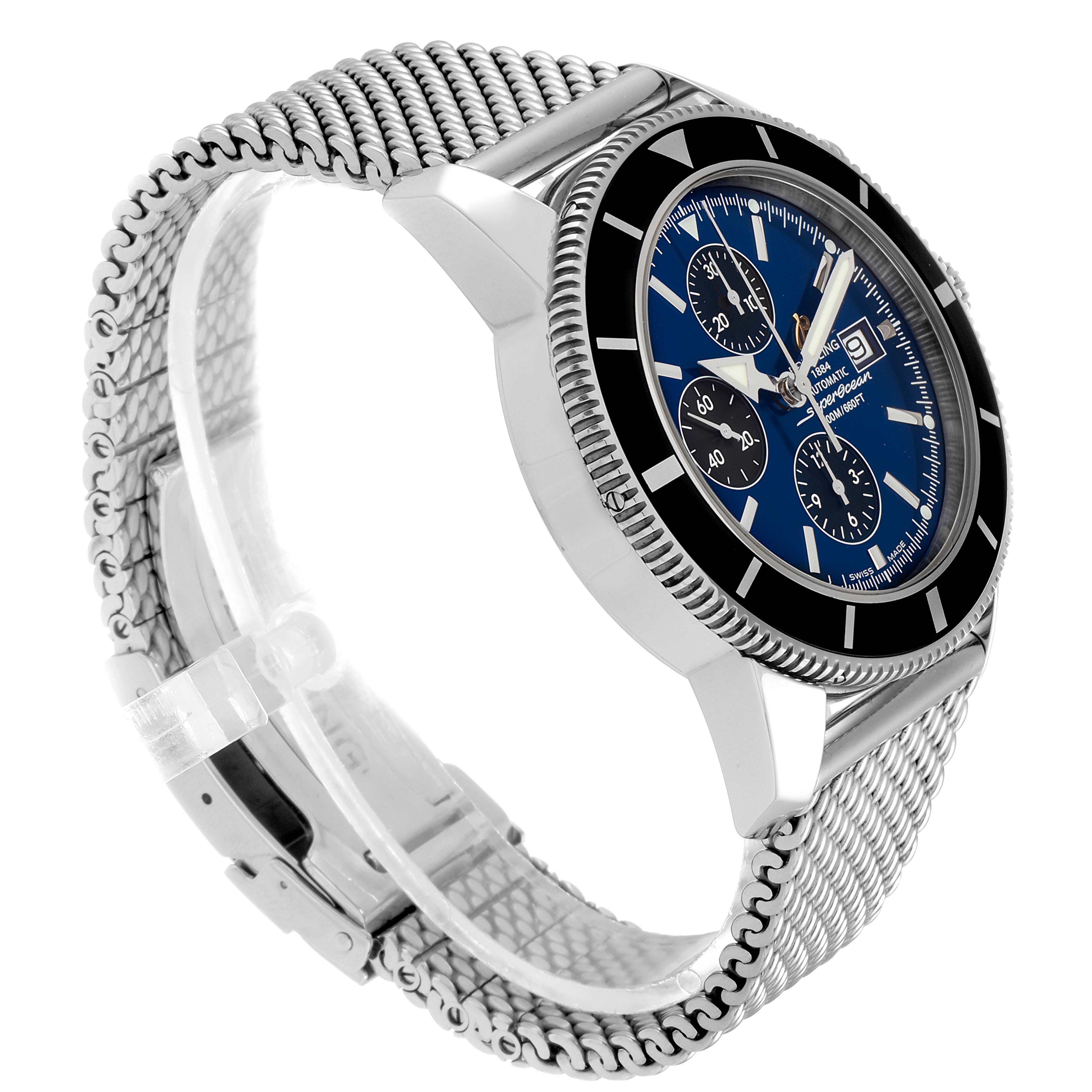 The Breitling Superocean A13320 Men's Stainless Steel Blue Dial A13320 Men's Stainless Steel Blue Dial watch is shown at a three-quarter angle, highlighting the mesh strap, bezel, and chronograph dial.