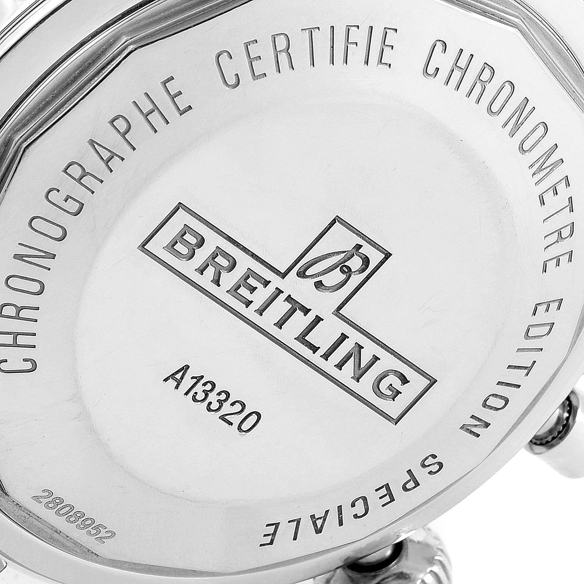 This image shows the back casing of a Breitling Superocean A13320 Men's Stainless Steel Blue Dial A13320 Men's Stainless Steel Blue Dial watch, highlighting the brand logo and model number A13320.