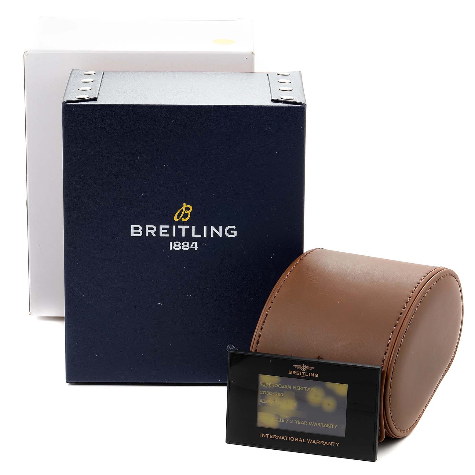 The image shows the packaging, a leather case, and warranty card for the Breitling Superocean A13320 Men's Stainless Steel Blue Dial A13320 Men's Stainless Steel Blue Dial watch.