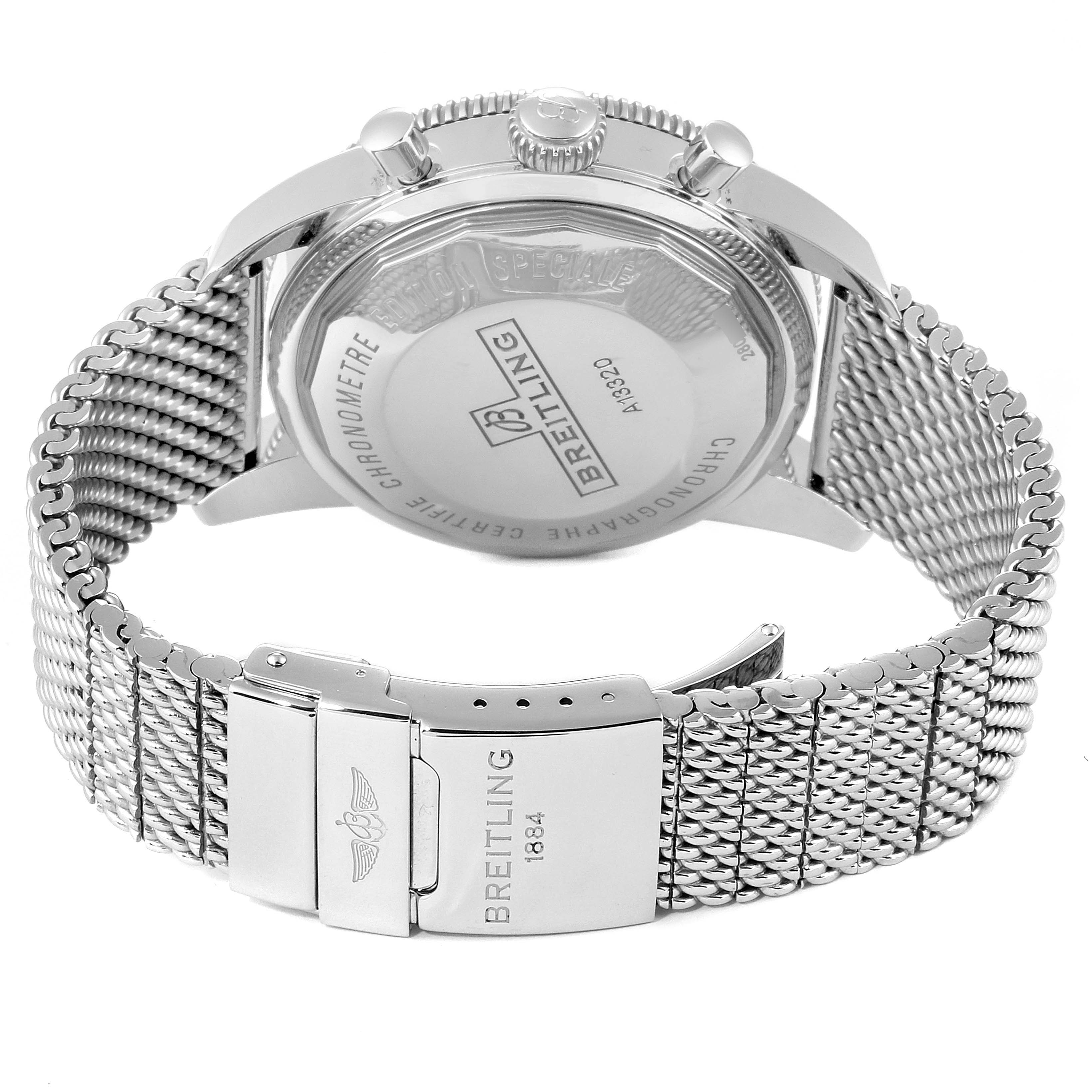 The image shows the back view of a Breitling Superocean A13320 Men's Stainless Steel Blue Dial A13320 Men's Stainless Steel Blue Dial watch, highlighting the case back, crown, and metal strap with the clasp.