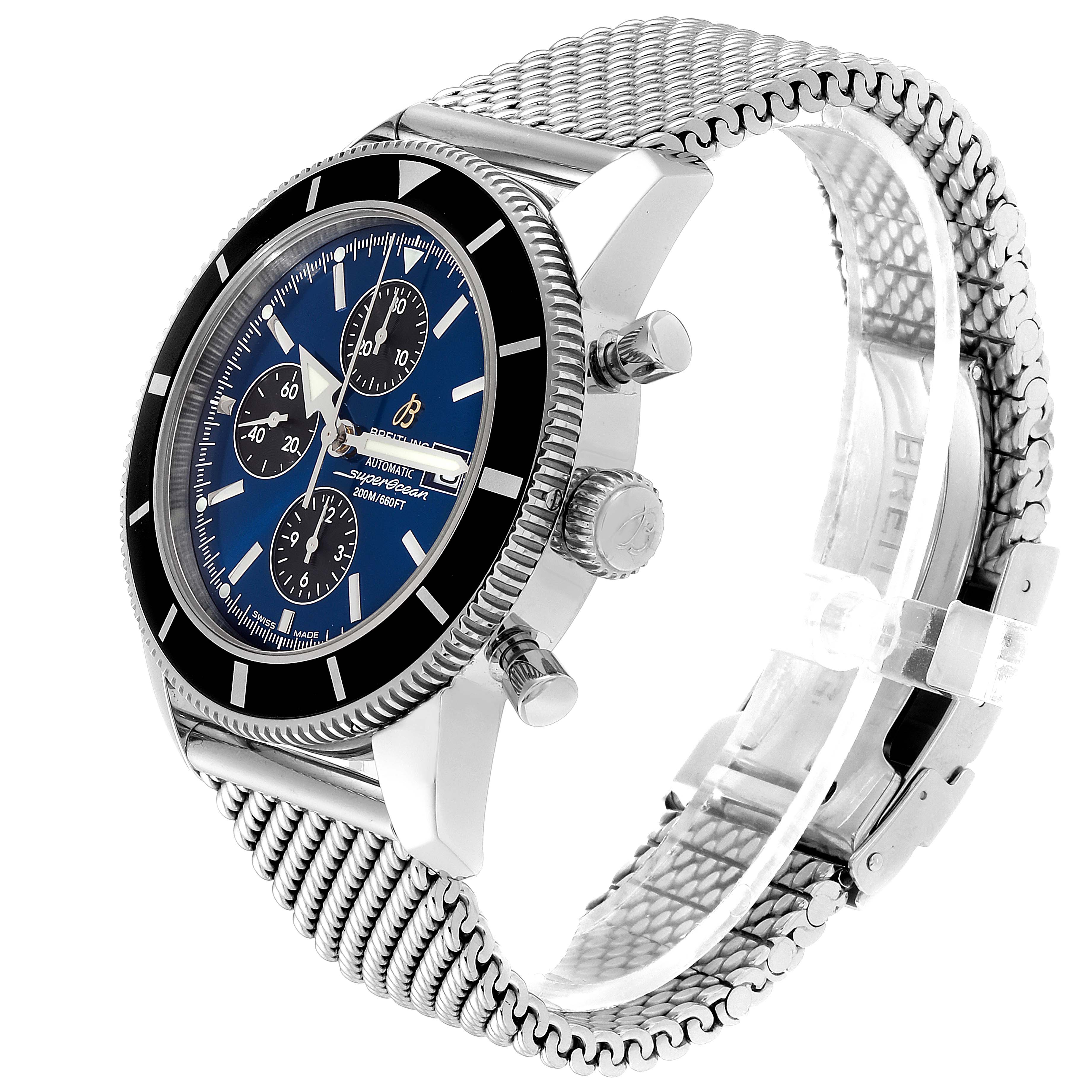 The Breitling Superocean A13320 Men's Stainless Steel Blue Dial A13320 Men's Stainless Steel Blue Dial watch is shown at a three-quarter angle displaying its face, bezel, crown, pushers, and mesh strap.