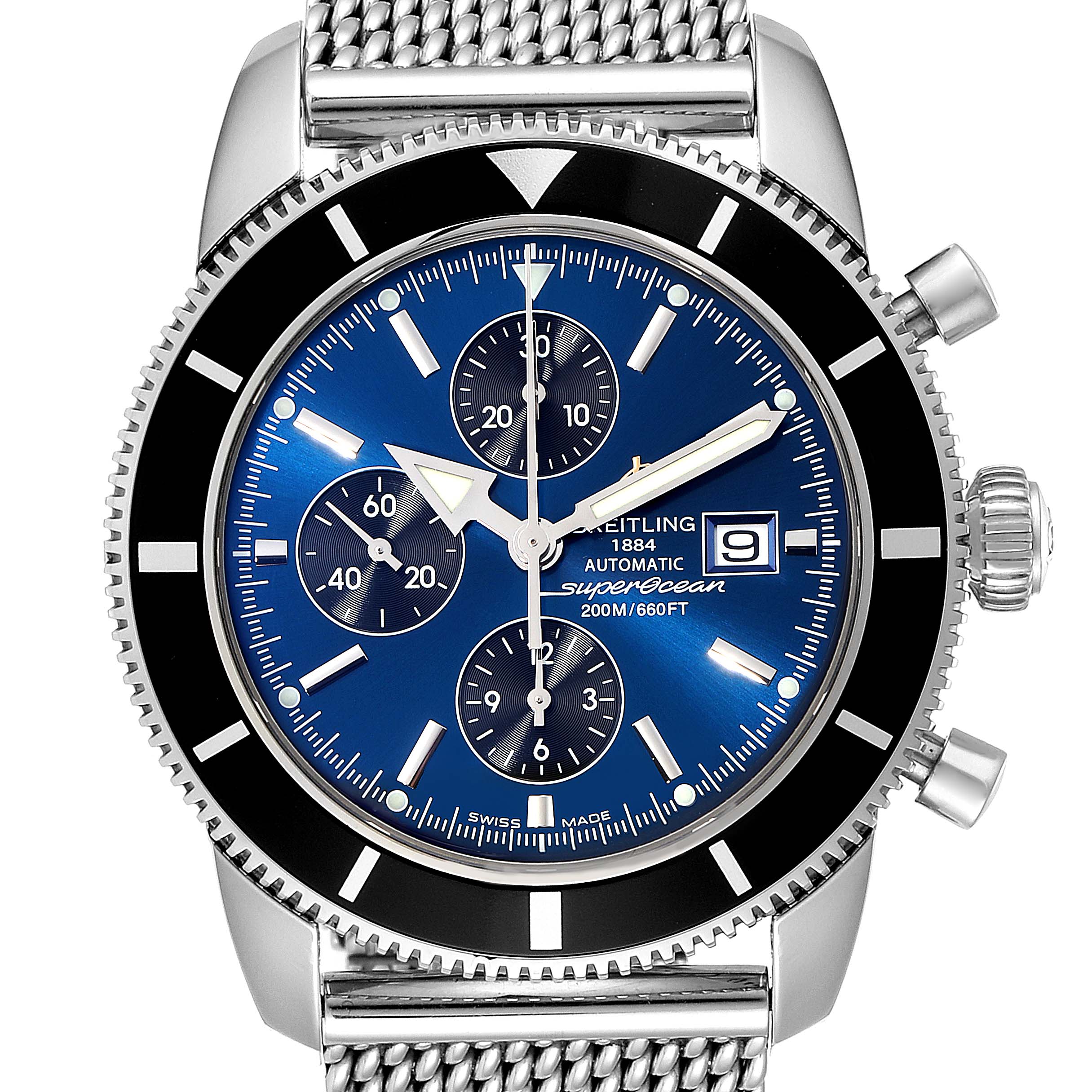 The image shows a Breitling Superocean A13320 Men's Stainless Steel Blue Dial A13320 Men's Stainless Steel Blue Dial watch from a front angle, featuring its blue dial, chronograph sub-dials, and mesh band.