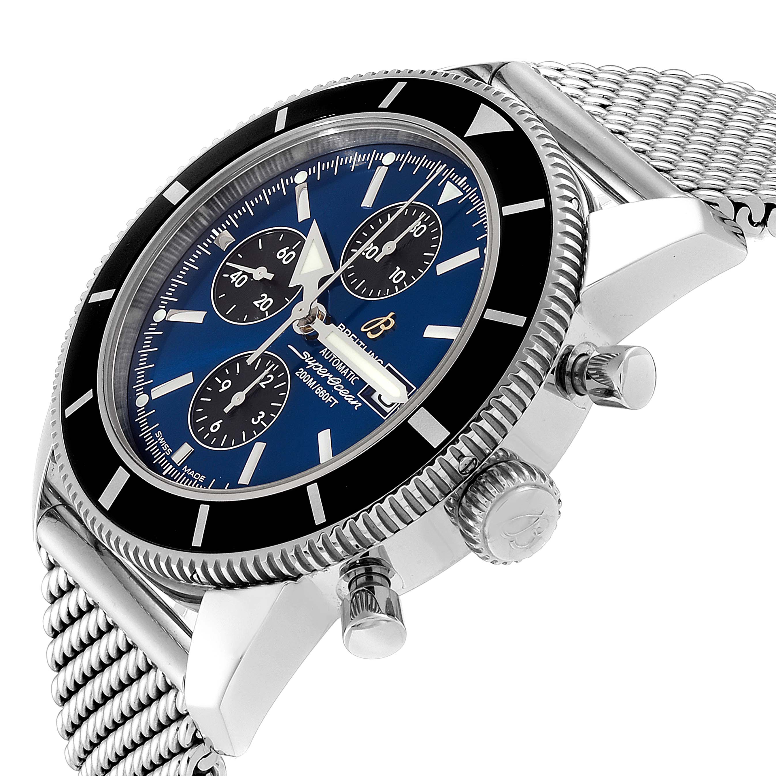 The Breitling Superocean A13320 Men's Stainless Steel Blue Dial A13320 Men's Stainless Steel Blue Dial watch is shown at a slight angle, displaying the dial, bezel, crown, pushers, and part of the mesh bracelet.