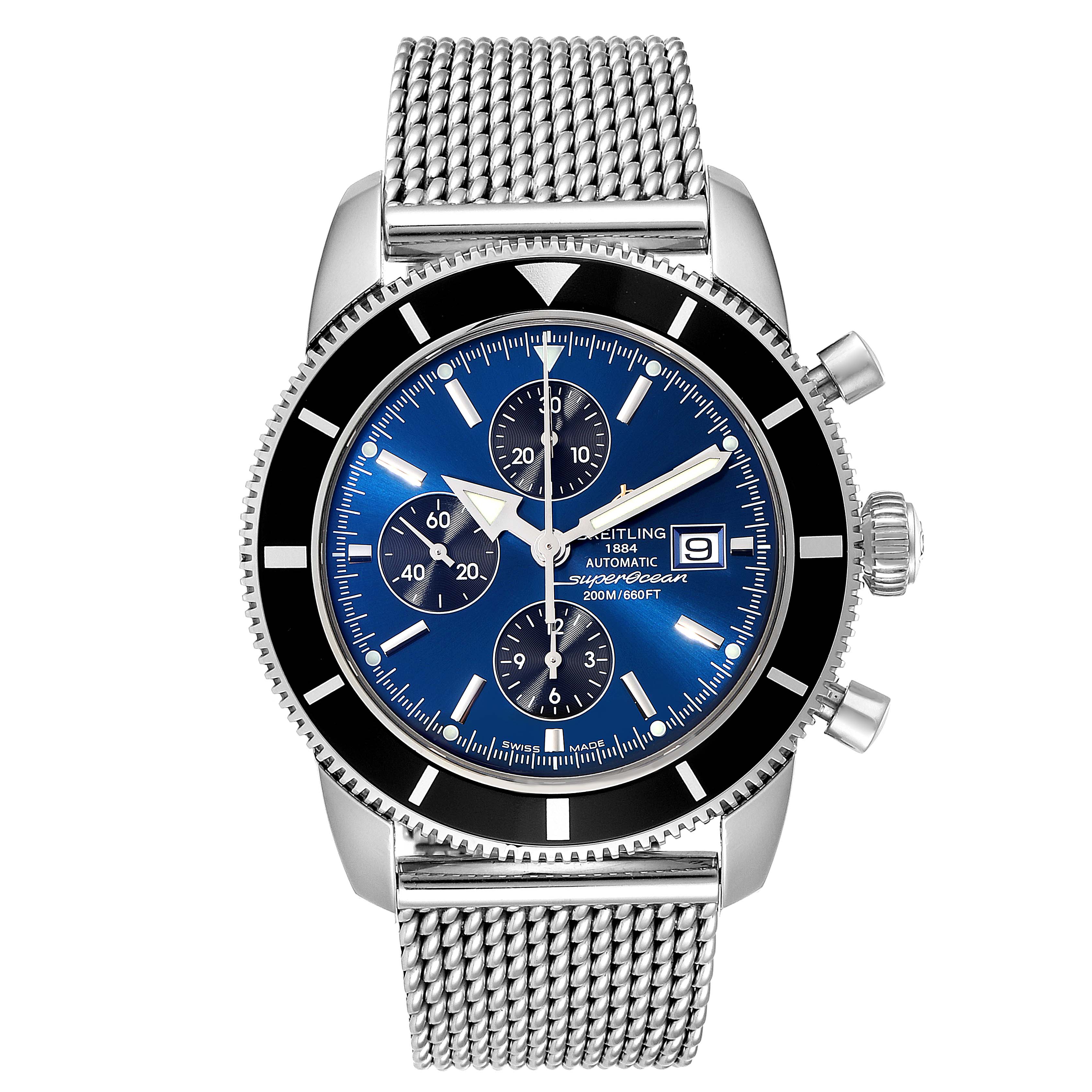 This image shows a front view of the Breitling Superocean A13320 Men's Stainless Steel Blue Dial A13320 Men's Stainless Steel Blue Dial watch, highlighting the blue dial, mesh bracelet, and chronograph sub-dials.