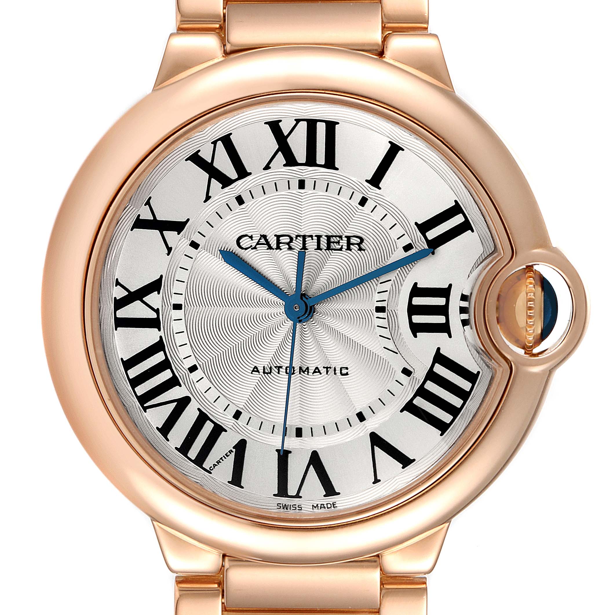 The image shows the face and part of the bracelet of the Ballon Bleu model watch by Cartier, from a front angle.
