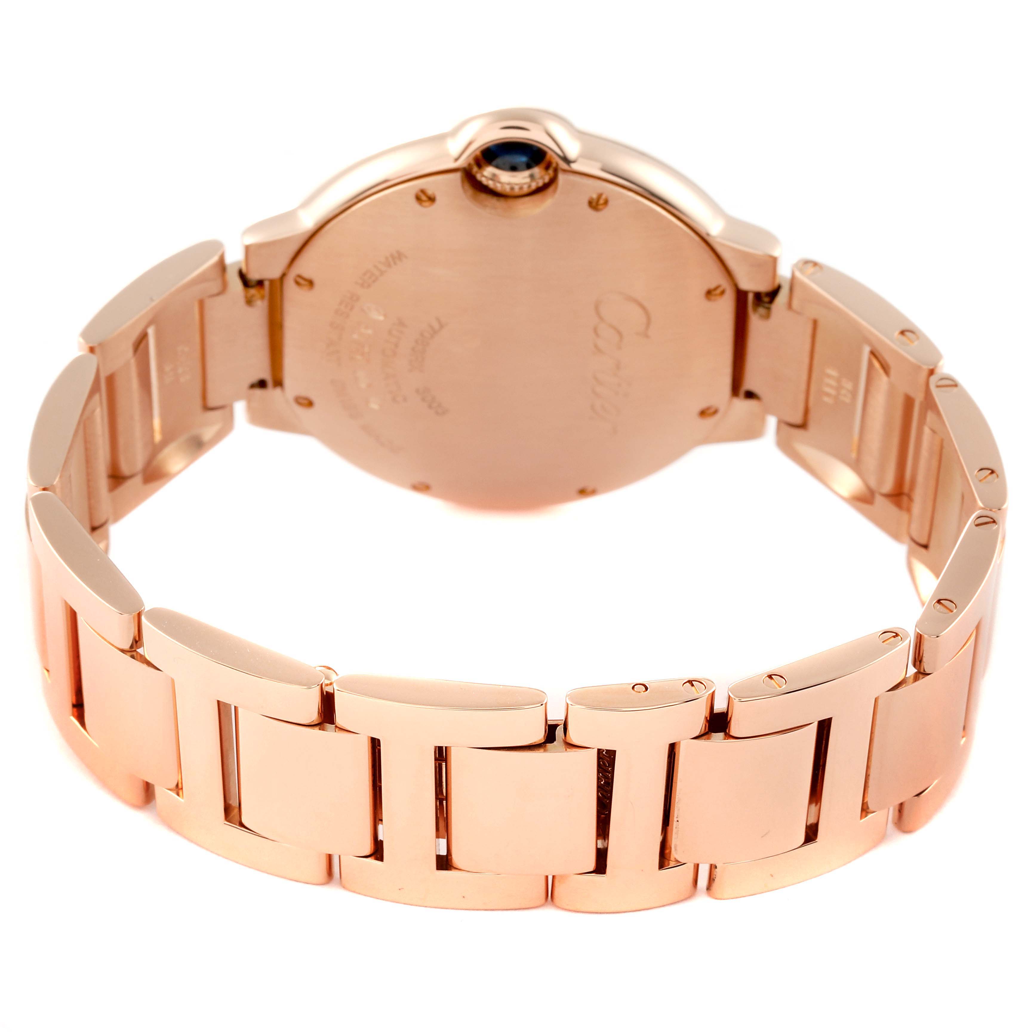 This image shows the back and bracelet of a Cartier Ballon Bleu W69004Z2 Men
s Rose Gold Silver Dial W69004Z2 Men
s Rose Gold Silver Dial watch in a rose gold finish.