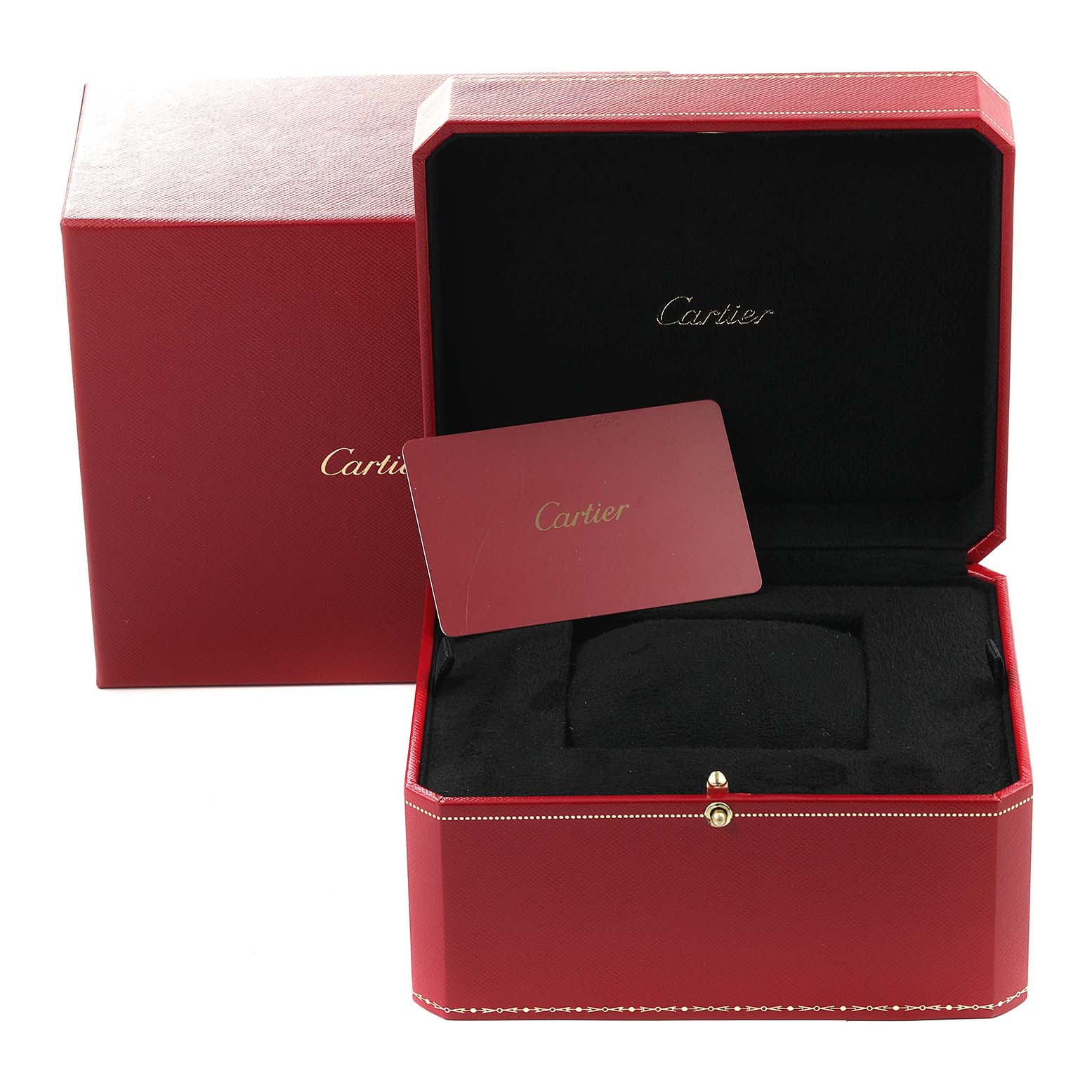 The image shows a Cartier Ballon Bleu W69004Z2 Men
s Rose Gold Silver Dial W69004Z2 Men
s Rose Gold Silver Dial watch
s red presentation box, an outer box, and a branded card.