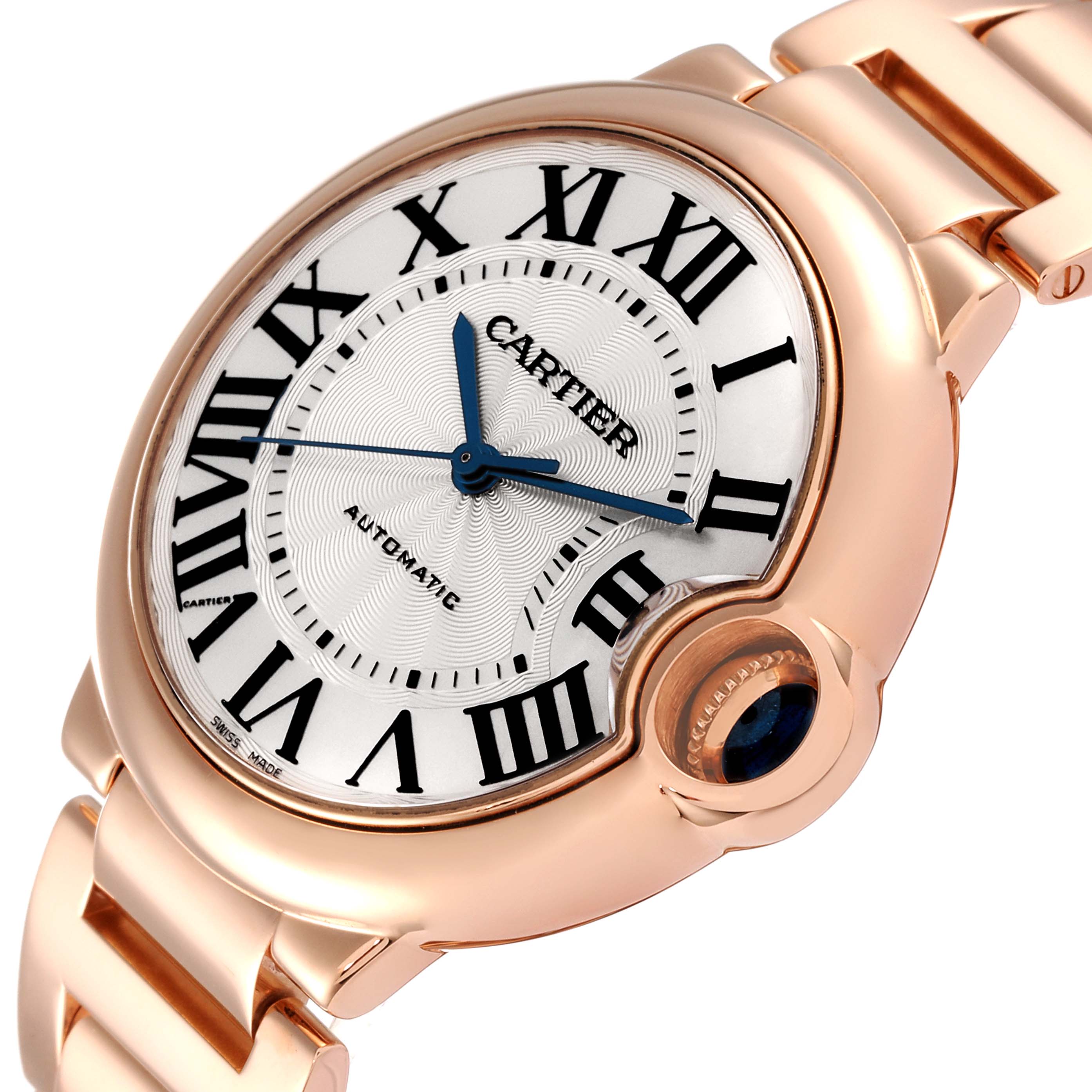 The image shows a close-up, angled view of a Cartier Ballon Bleu W69004Z2 Men
s Rose Gold Silver Dial W69004Z2 Men
s Rose Gold Silver Dial watch, highlighting the face and part of the bracelet.