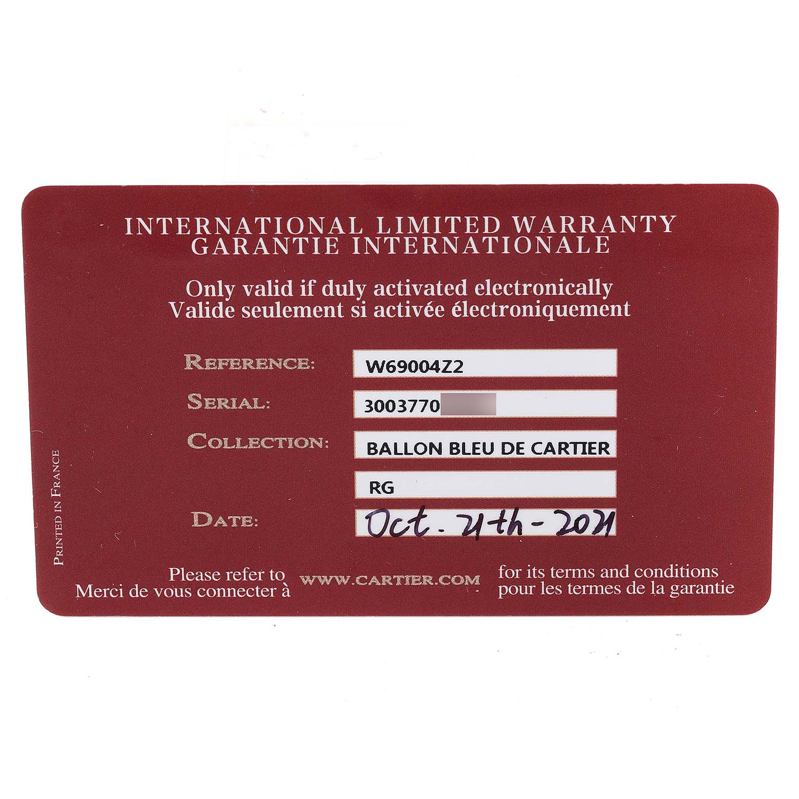This image displays the international limited warranty card for a Ballon Bleu model watch by Cartier.