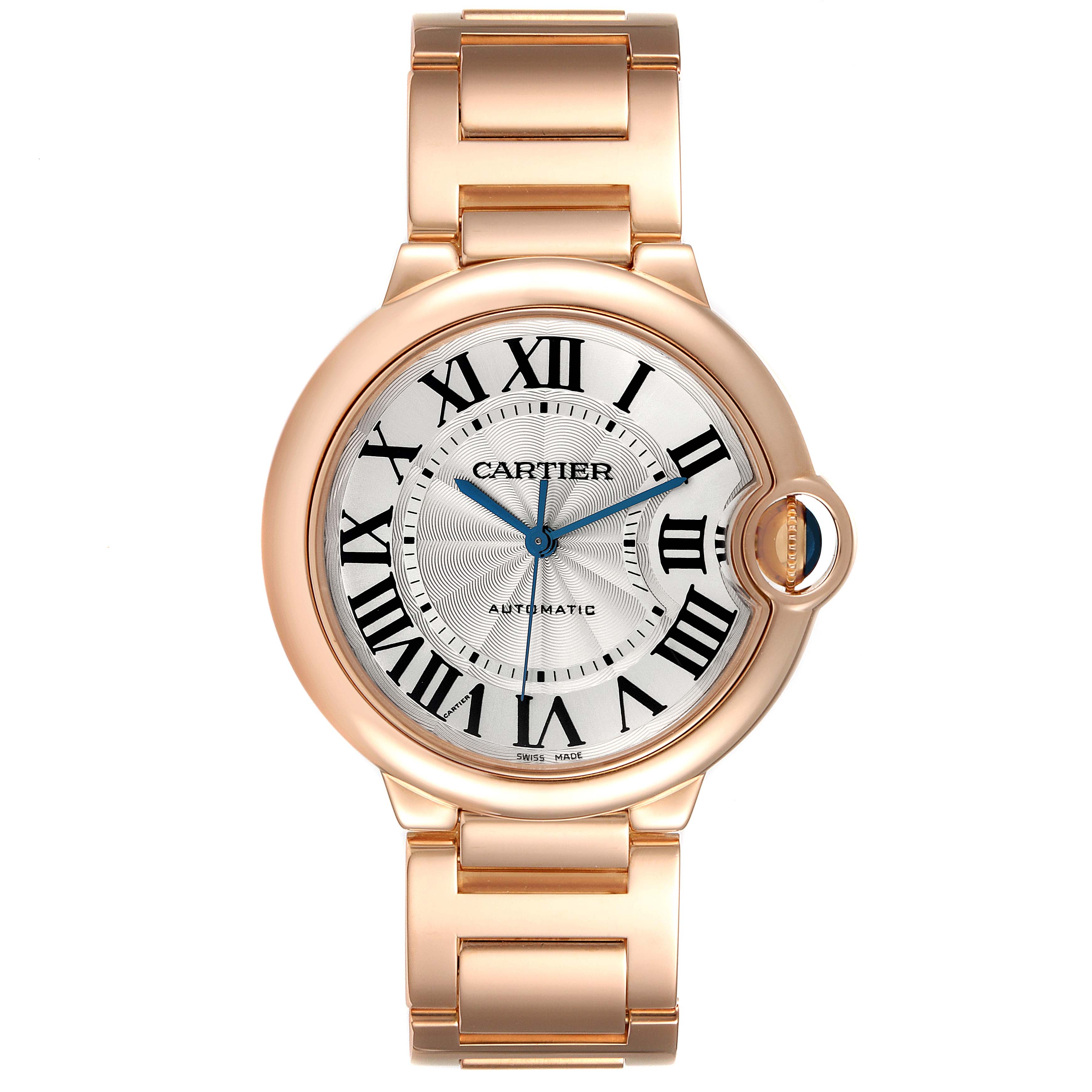 The image shows a front view of a Cartier Ballon Bleu W69004Z2 Men
s Rose Gold Silver Dial W69004Z2 Men
s Rose Gold Silver Dial watch, highlighting its dial, bracelet, and distinctive crown.