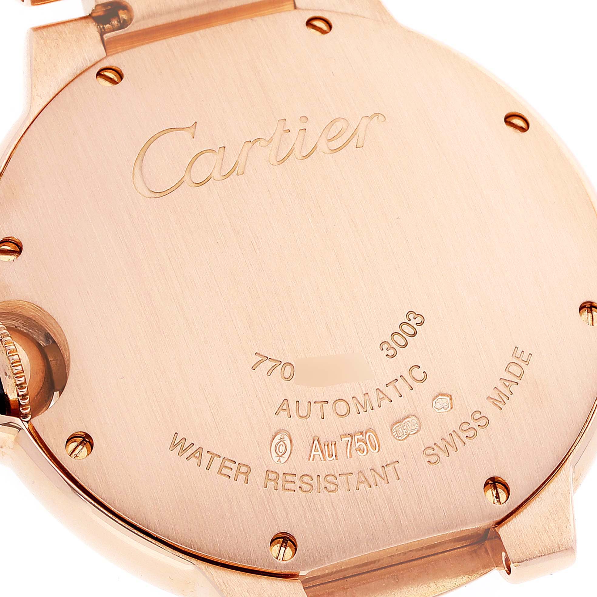 The image shows the back case of a Cartier Ballon Bleu W69004Z2 Men
s Rose Gold Silver Dial W69004Z2 Men
s Rose Gold Silver Dial watch, highlighting the brand engraving and specifications.