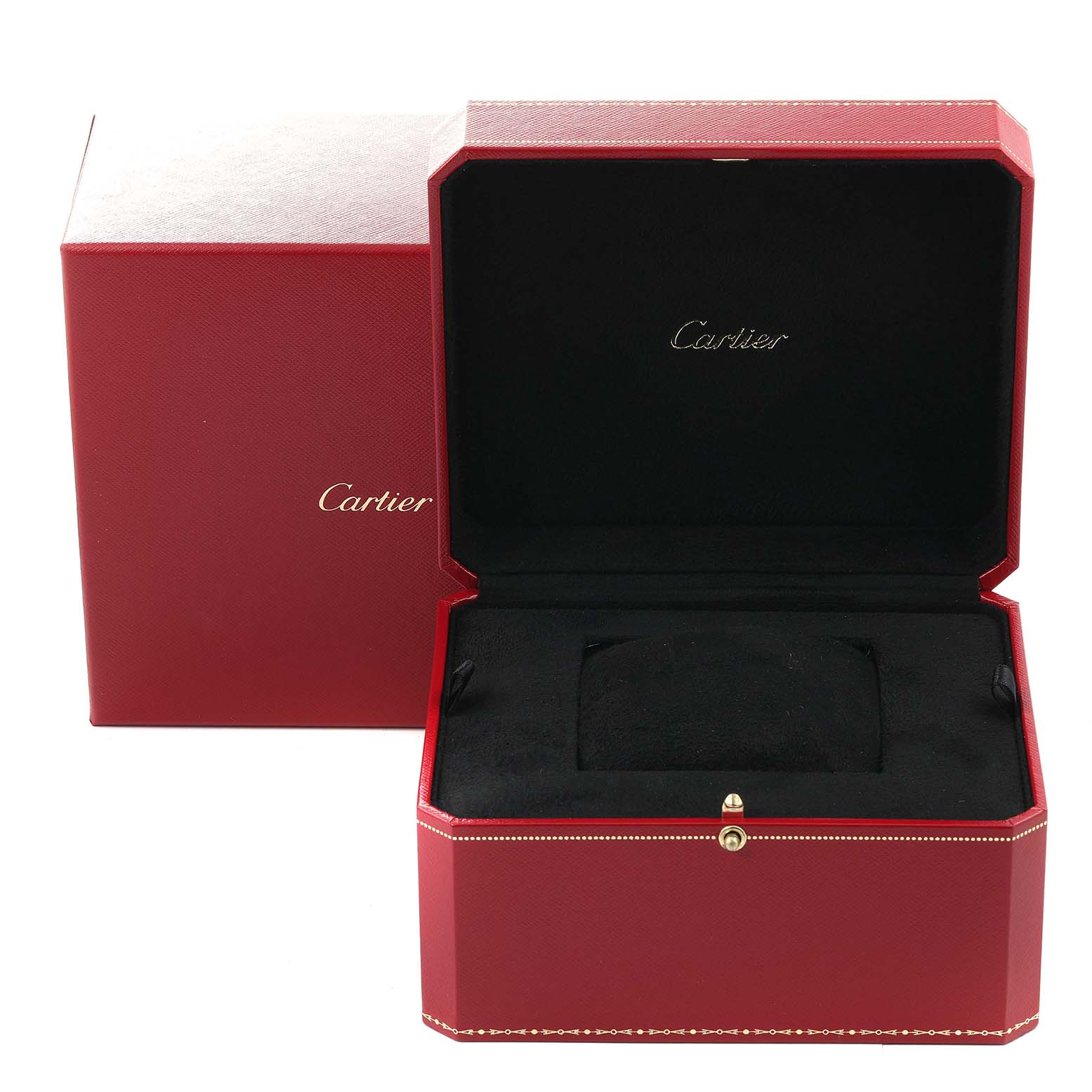 The image shows an open red Cartier box, likely for a Ballon Bleu model watch, displaying the interior with Cartier branding.