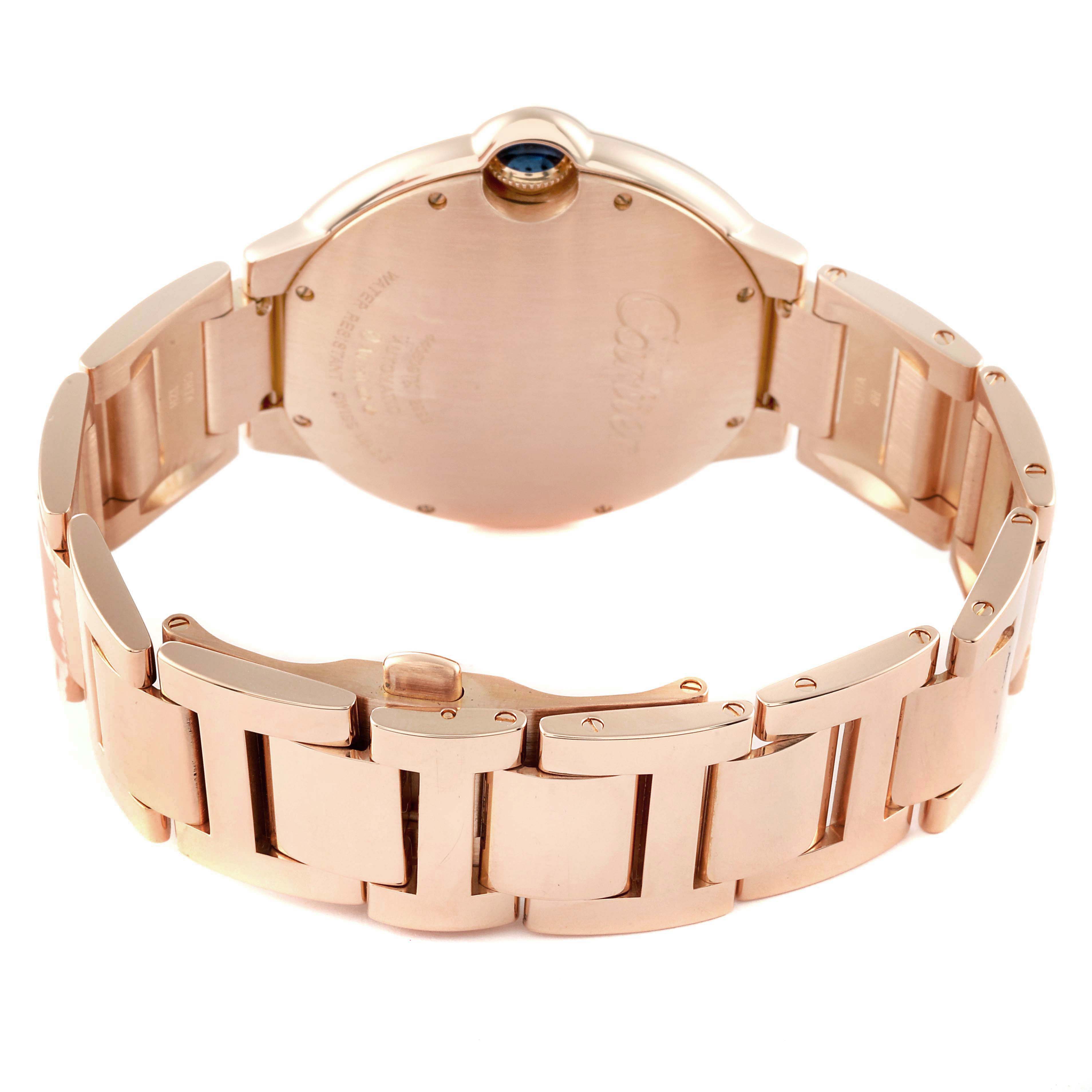 This image shows the back view and clasp of the Cartier Ballon Bleu WGBB0016 Men's Rose Gold Silver Dial WGBB0016 Men's Rose Gold Silver Dial watch, highlighting its rose gold bracelet and case back.