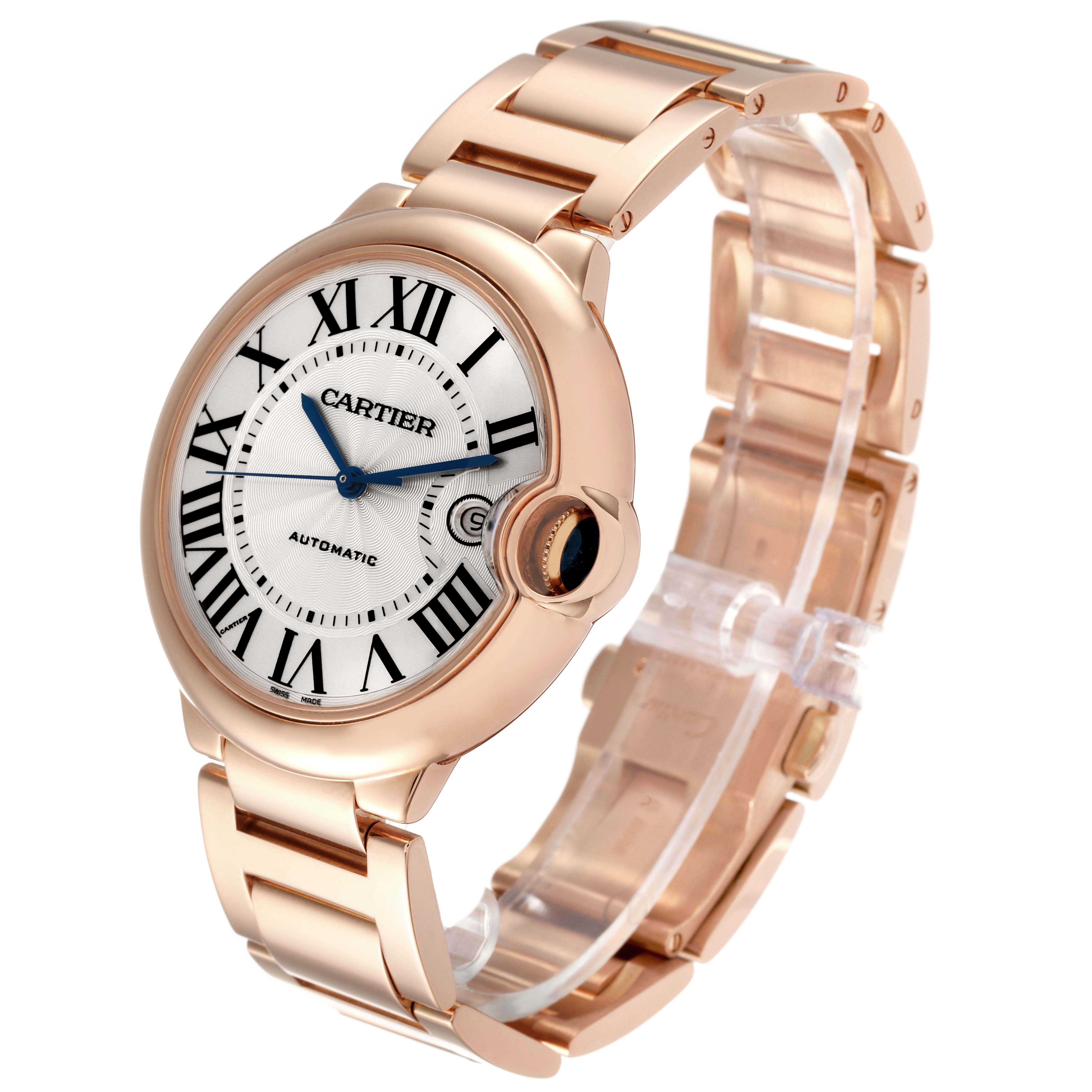 This image shows a side view of the Cartier Ballon Bleu WGBB0016 Men's Rose Gold Silver Dial WGBB0016 Men's Rose Gold Silver Dial watch, highlighting the dial, bracelet, and crown.