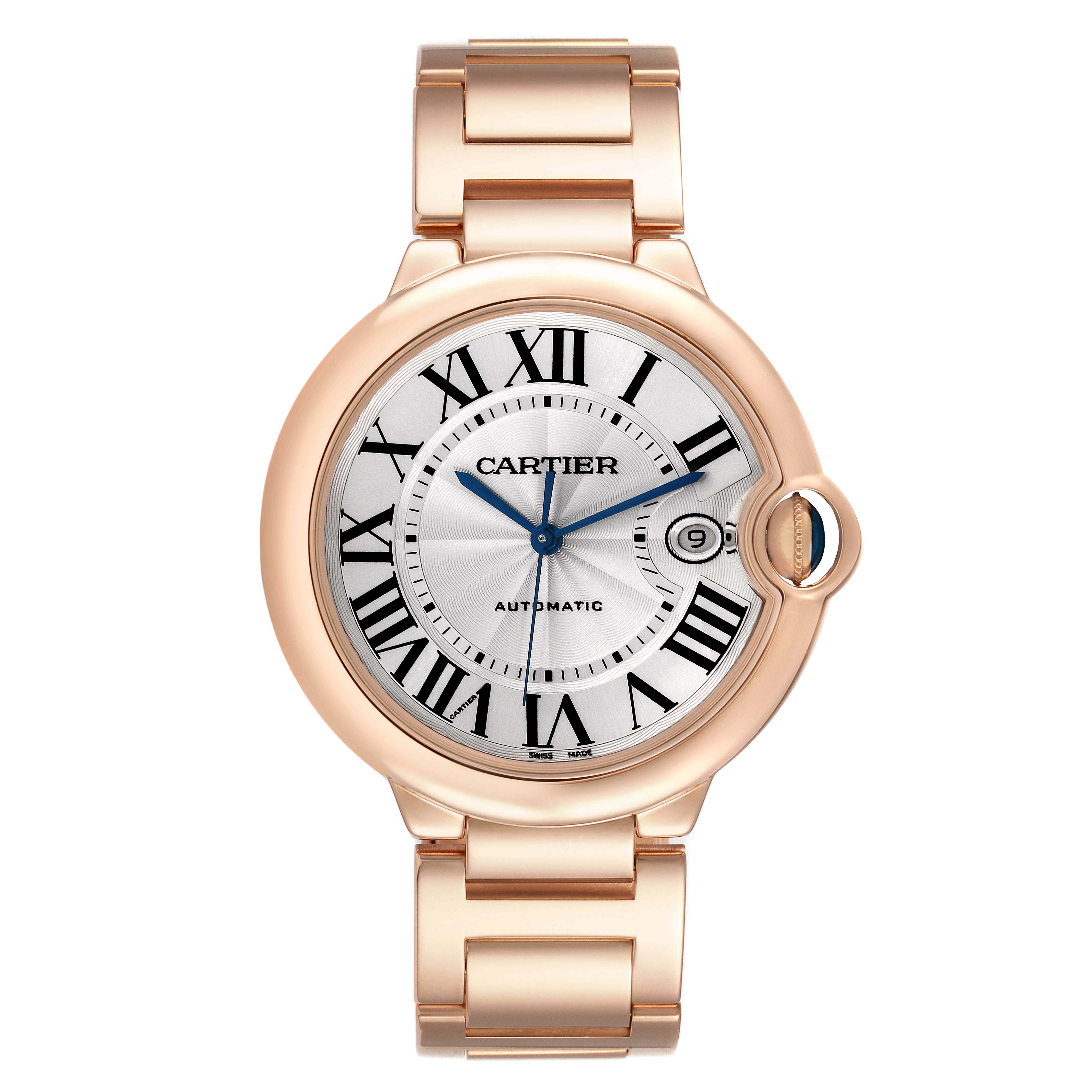 This is a front view of the Cartier Ballon Bleu WGBB0016 Men's Rose Gold Silver Dial WGBB0016 Men's Rose Gold Silver Dial watch, showing its dial, bracelet, and case.