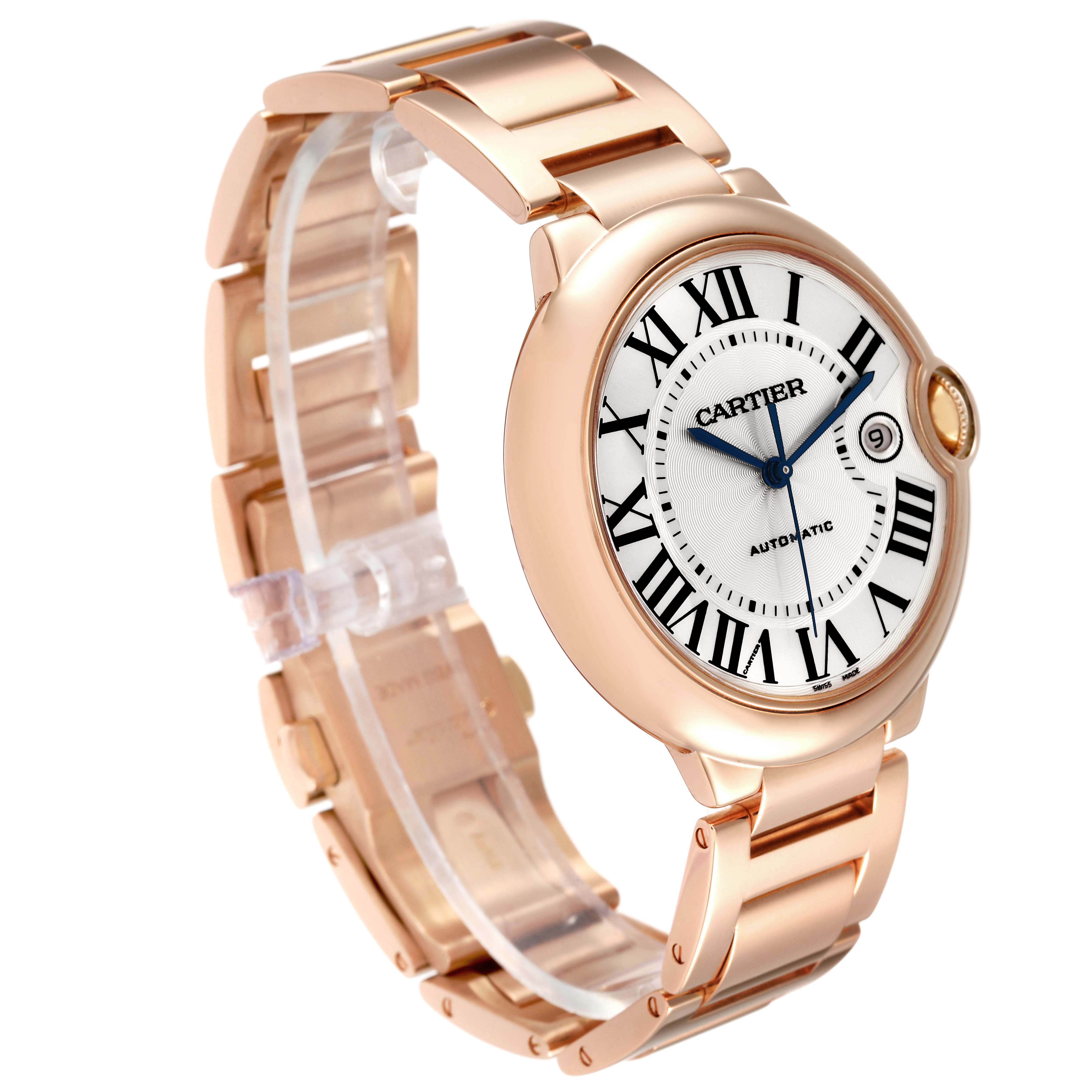 The image shows a side angle of a Cartier Ballon Bleu WGBB0016 Men's Rose Gold Silver Dial WGBB0016 Men's Rose Gold Silver Dial watch, displaying the face, date window, and the bracelet.