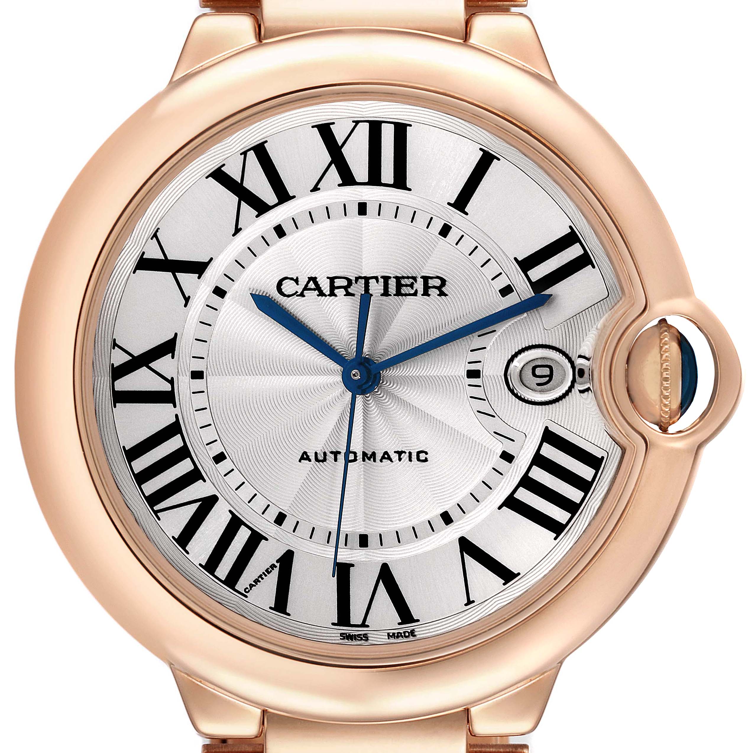 This image shows a front view of the Cartier Ballon Bleu WGBB0016 Men's Rose Gold Silver Dial WGBB0016 Men's Rose Gold Silver Dial watch displaying its dial, hands, and crown.
