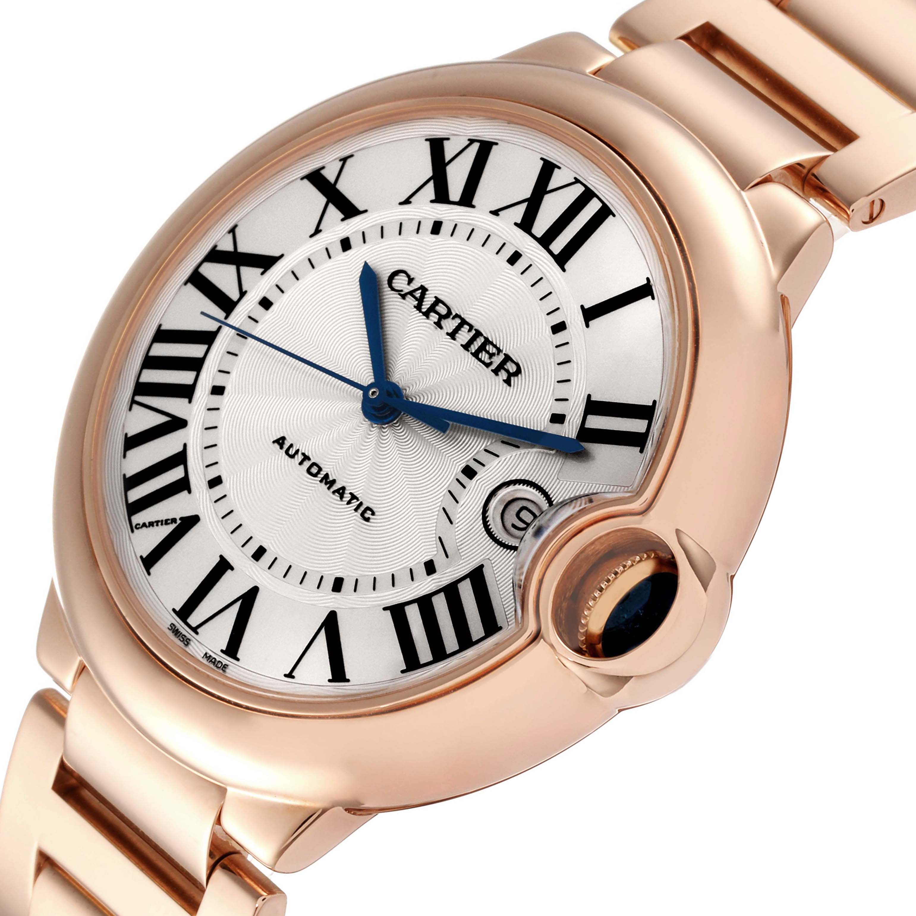 This image shows a close-up angle of the Cartier Ballon Bleu WGBB0016 Men's Rose Gold Silver Dial WGBB0016 Men's Rose Gold Silver Dial watch, displaying its face, Roman numerals, and crown.