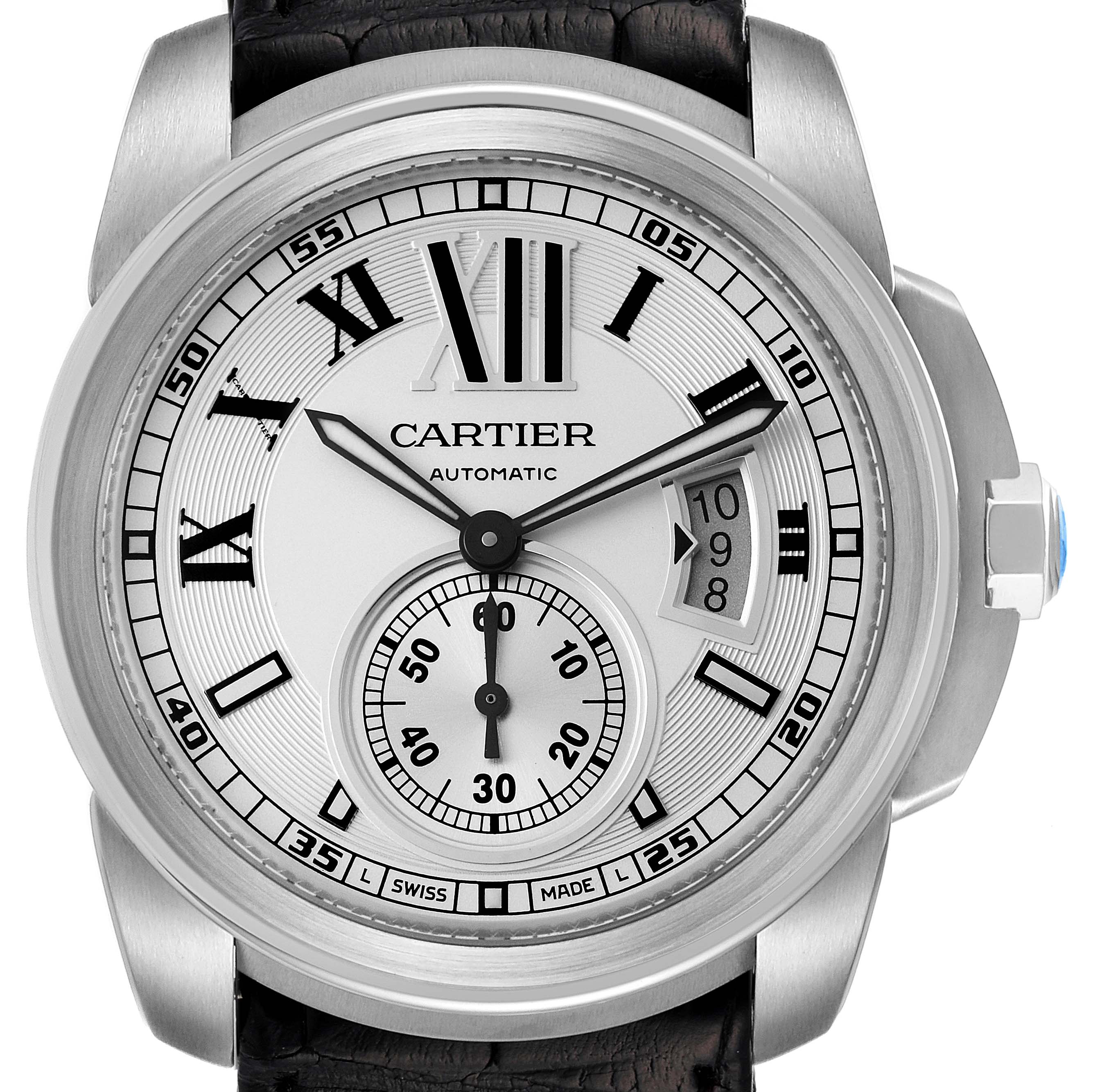 This is a front view of the Calibre de Cartier watch by Cartier, showing the face, hands, date window, and part of the strap.