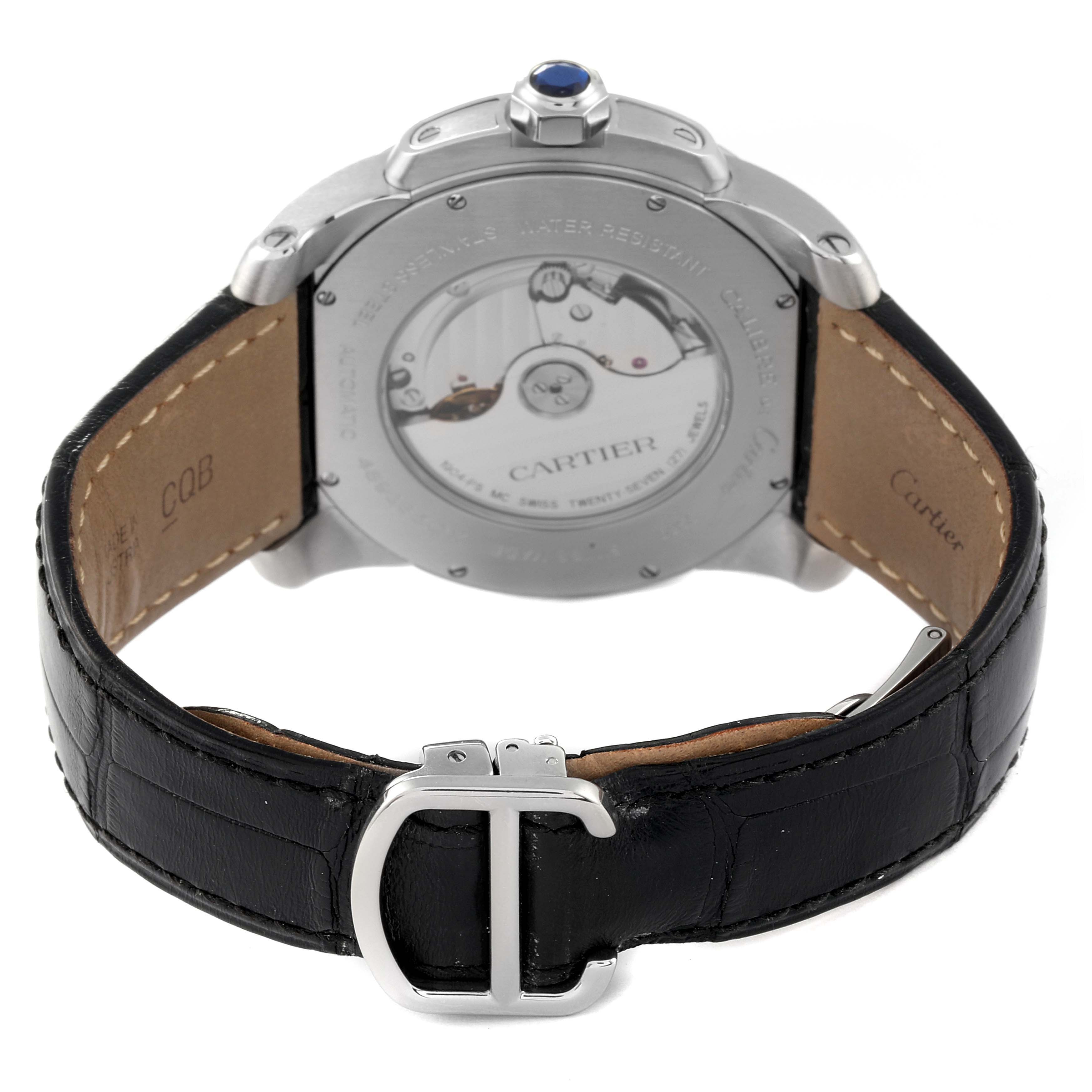 This image shows the back case and leather strap of a Calibre de Cartier watch by Cartier, emphasizing the movement and clasp.