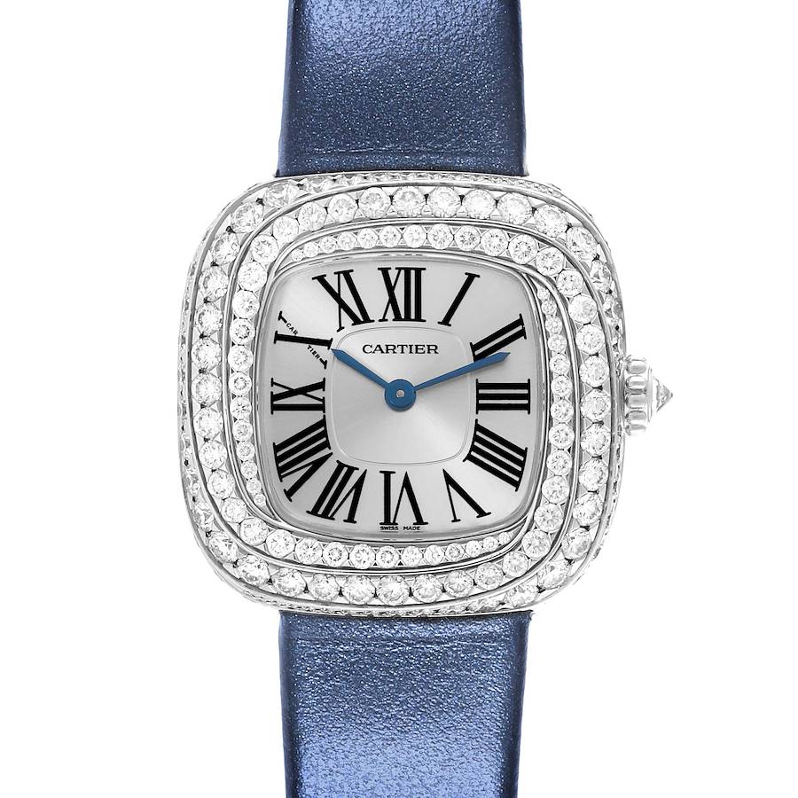 Cartier Coussin White Gold Diamond Blue Strap Ladies Watch WJSC0002 Box Card SwissWatchExpo