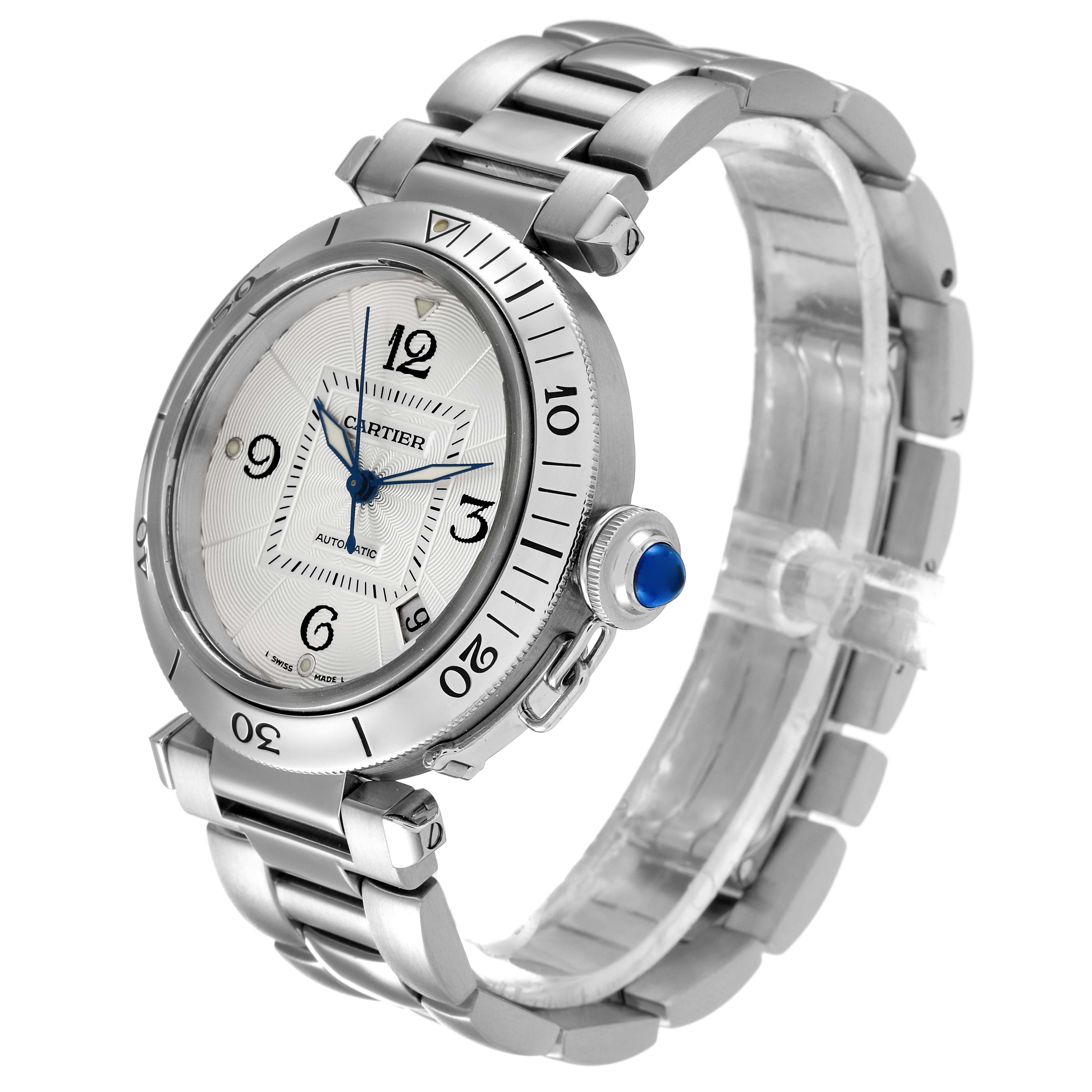 The image shows a Cartier Pasha W31040H3 Men's Stainless Steel Silver Dial W31040H3 Men's Stainless Steel Silver Dial watch angled to display the face, bezel, crown, and metal bracelet.