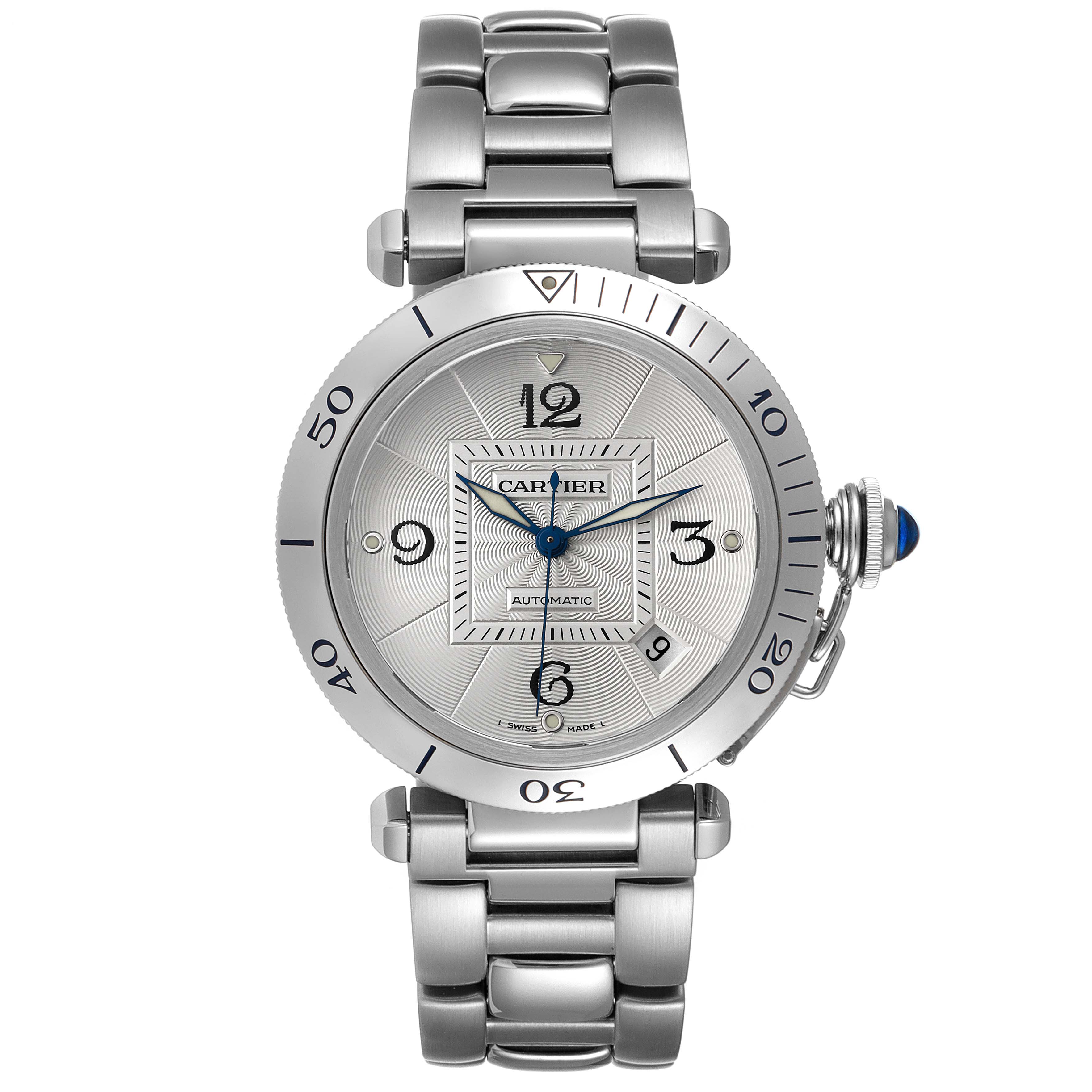 The image shows a front view of a Cartier Pasha W31040H3 Men's Stainless Steel Silver Dial W31040H3 Men's Stainless Steel Silver Dial watch, displaying the dial, bezel, and metal bracelet.