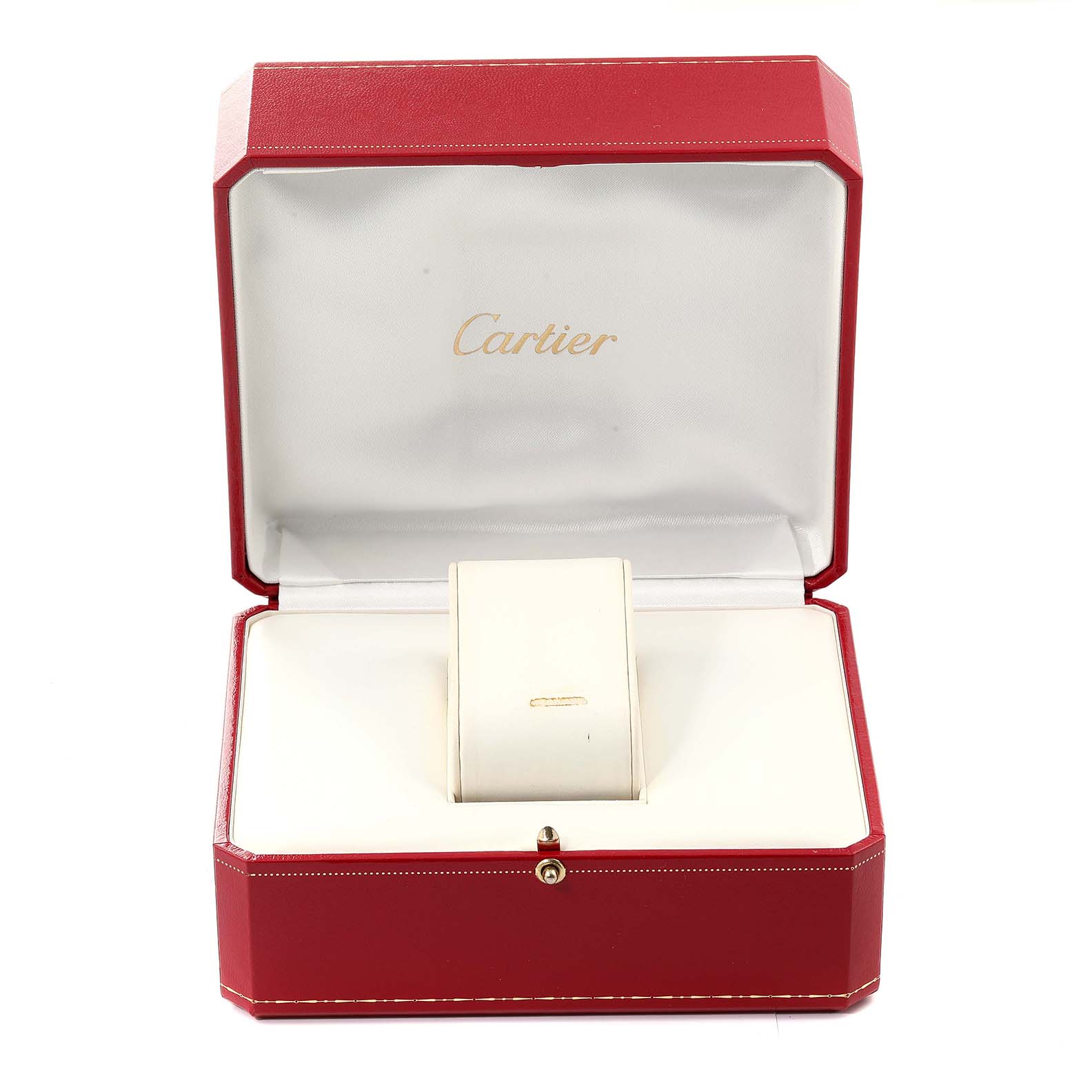 A Cartier Pasha W31040H3 Men's Stainless Steel Silver Dial W31040H3 Men's Stainless Steel Silver Dial watch box is shown open, revealing a white watch holder inside the red box with the Cartier logo.