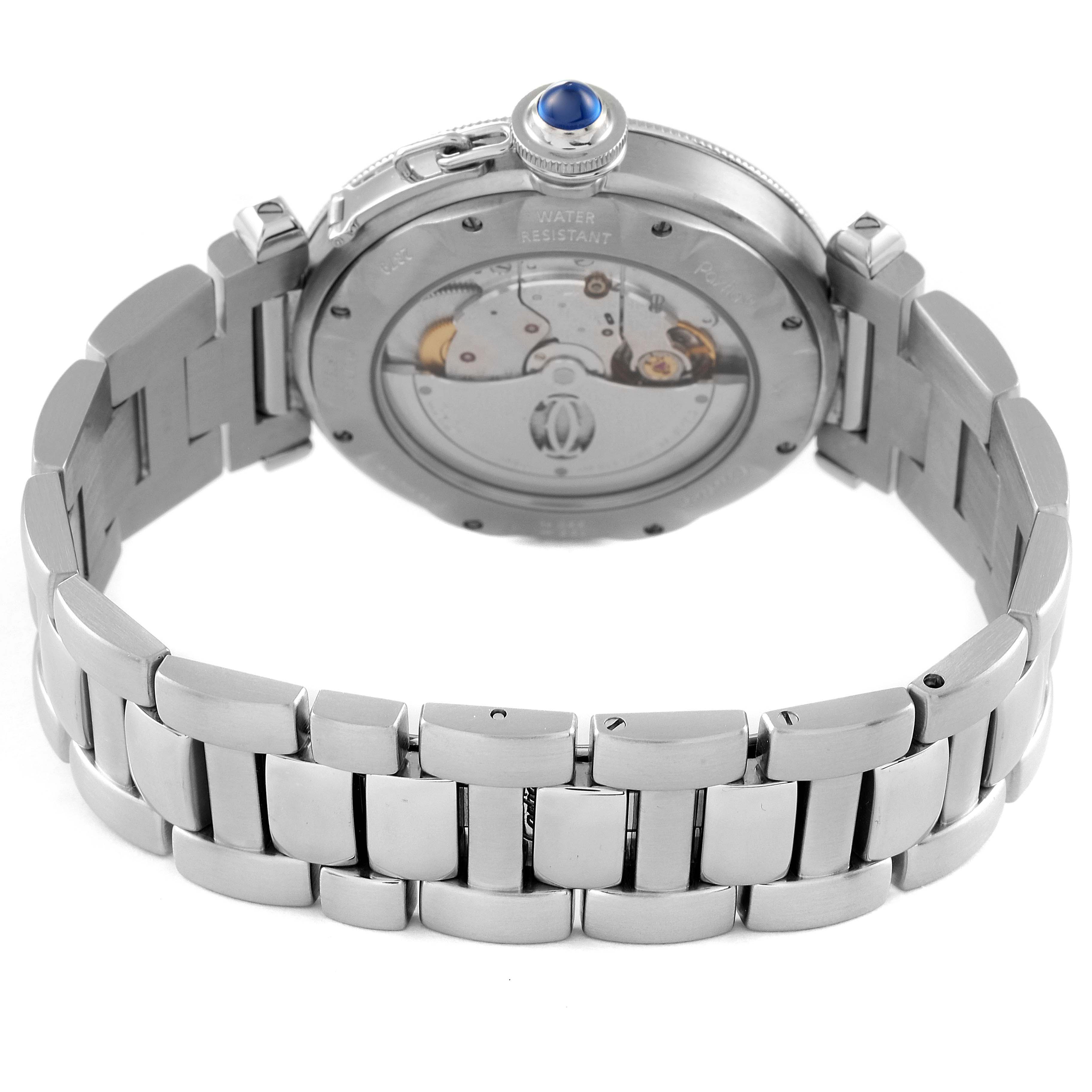 This image shows the back view of a Cartier Pasha W31040H3 Men's Stainless Steel Silver Dial W31040H3 Men's Stainless Steel Silver Dial watch, displaying its movement and stainless steel bracelet.