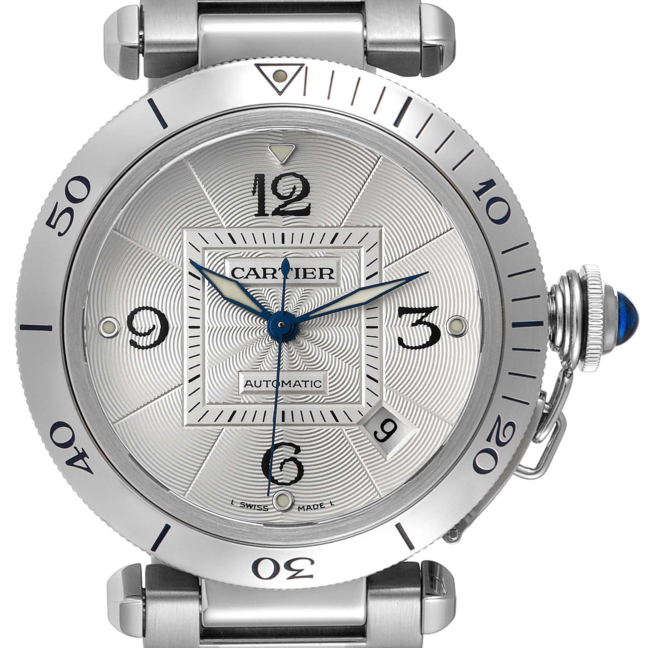 The image shows a front view of a Cartier Pasha W31040H3 Men's Stainless Steel Silver Dial W31040H3 Men's Stainless Steel Silver Dial watch, detailing the dial, bezel, hands, and crown with a blue cabochon.