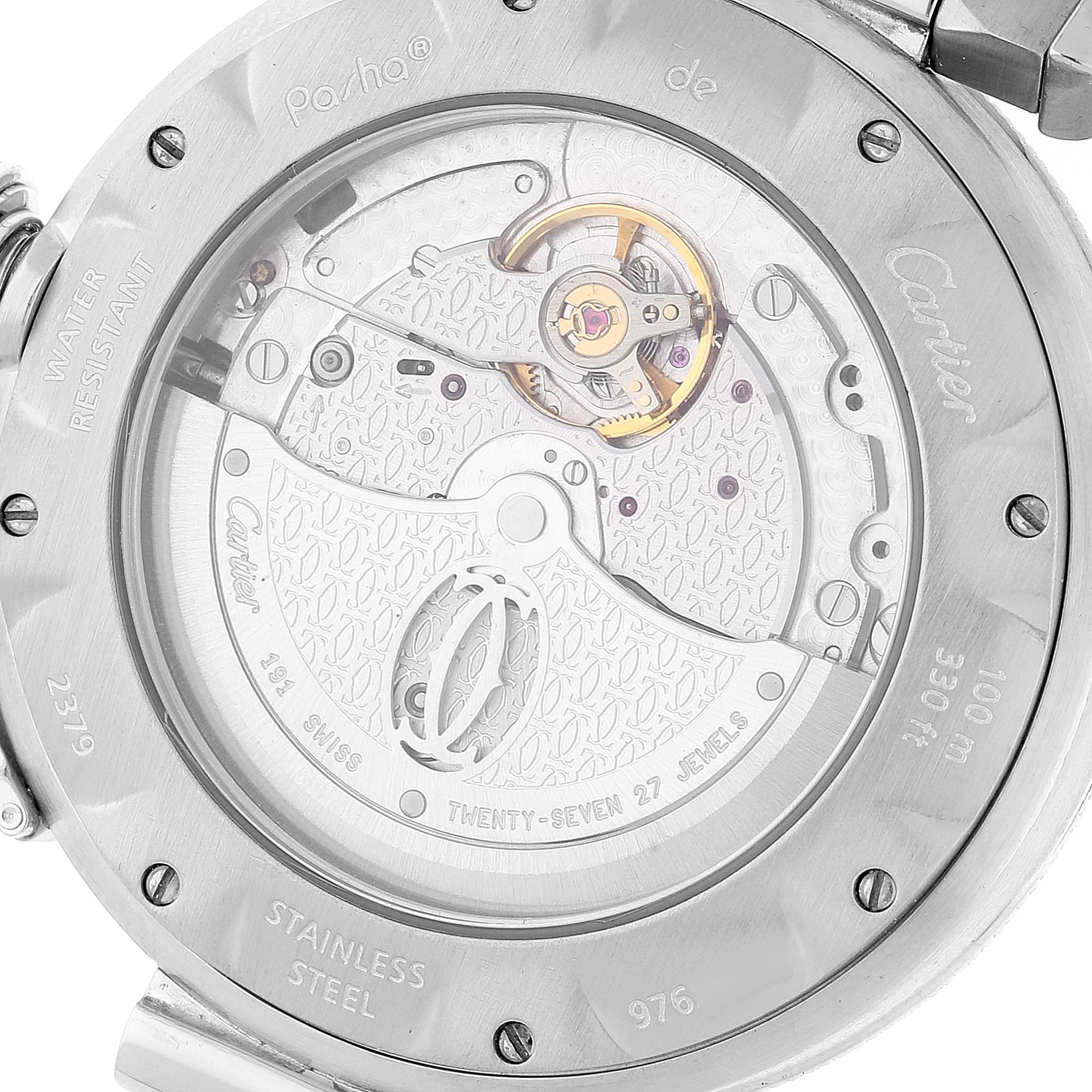This image shows the back of the Cartier Pasha W31040H3 Men's Stainless Steel Silver Dial W31040H3 Men's Stainless Steel Silver Dial watch, highlighting the movement and internal mechanisms.