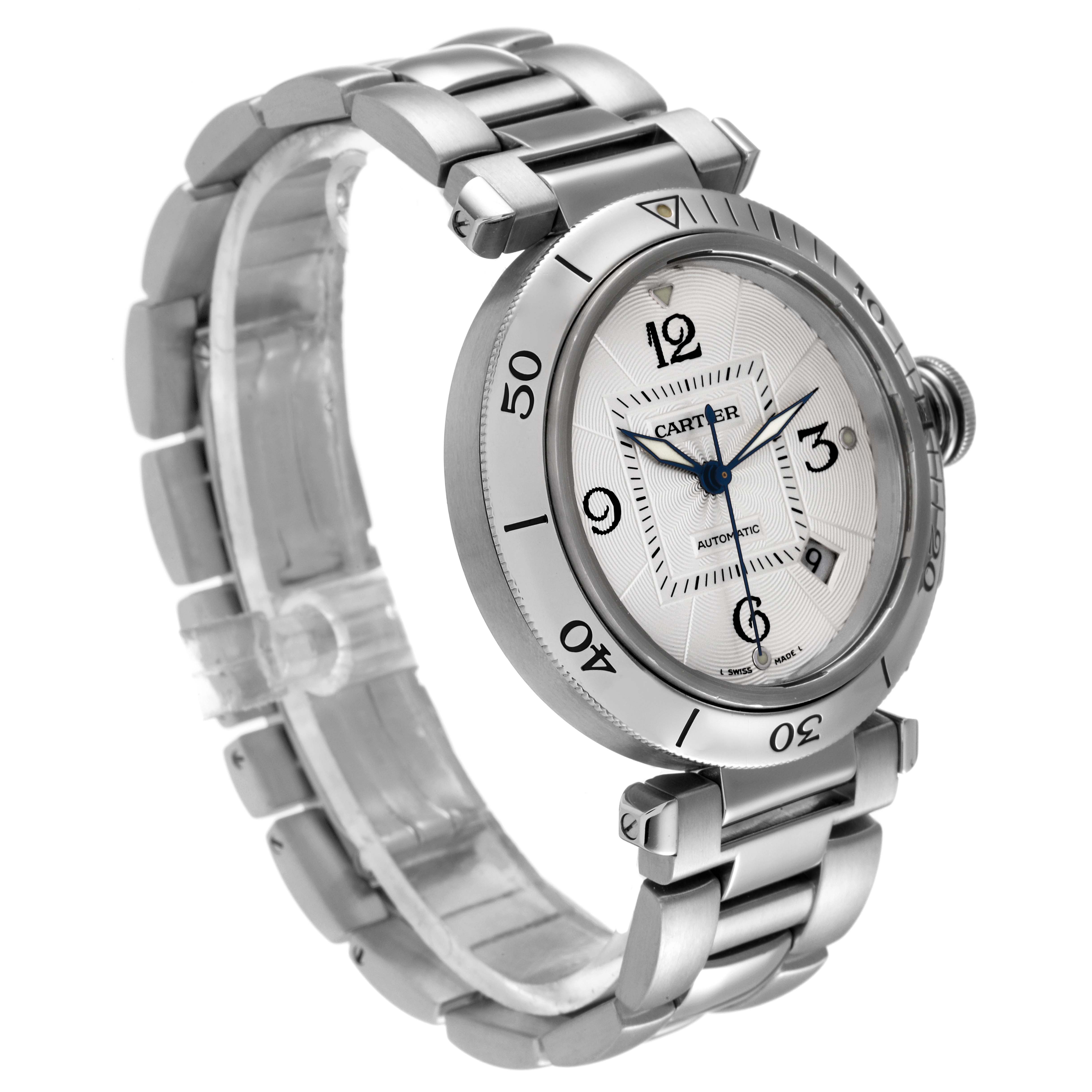 This image shows a Cartier Pasha W31040H3 Men's Stainless Steel Silver Dial W31040H3 Men's Stainless Steel Silver Dial model watch at a three-quarter angle, displaying its bracelet, bezel, and dial.