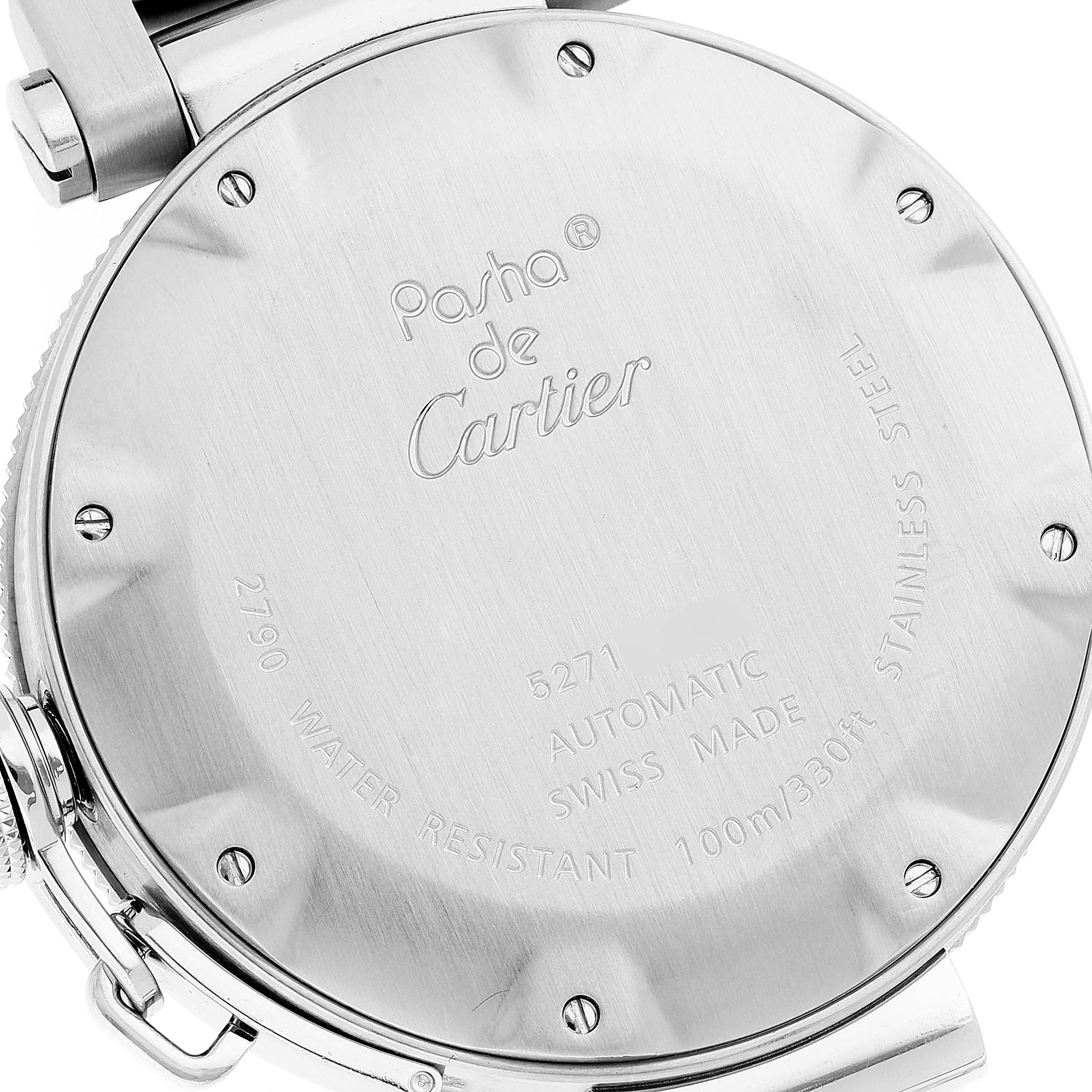 This image shows the back case of a Pasha de Cartier watch, featuring model and brand engravings, water resistance details, and screws.