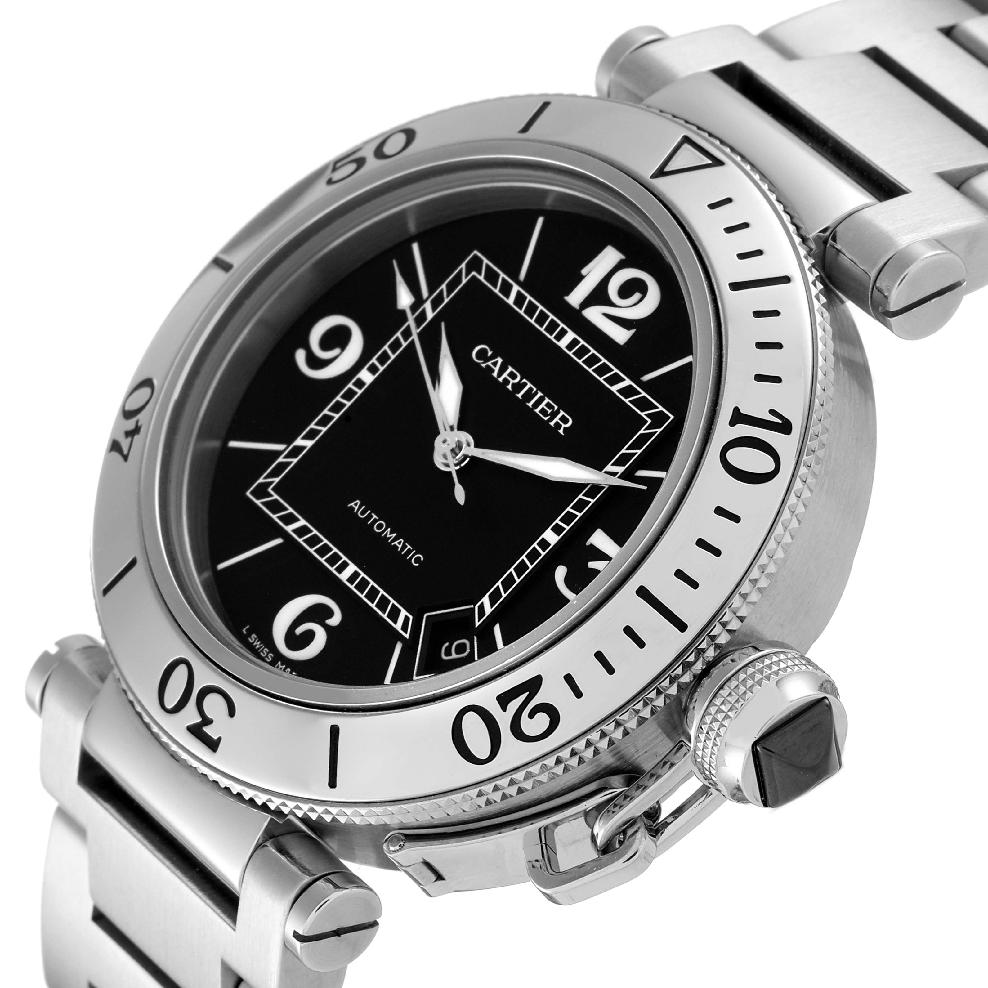 This image shows a side-angle view of a Cartier Pasha W31077M7 Men
s Stainless Steel Black Dial W31077M7 Men
s Stainless Steel Black Dial watch, highlighting its bezel, dial, crown, and bracelet.