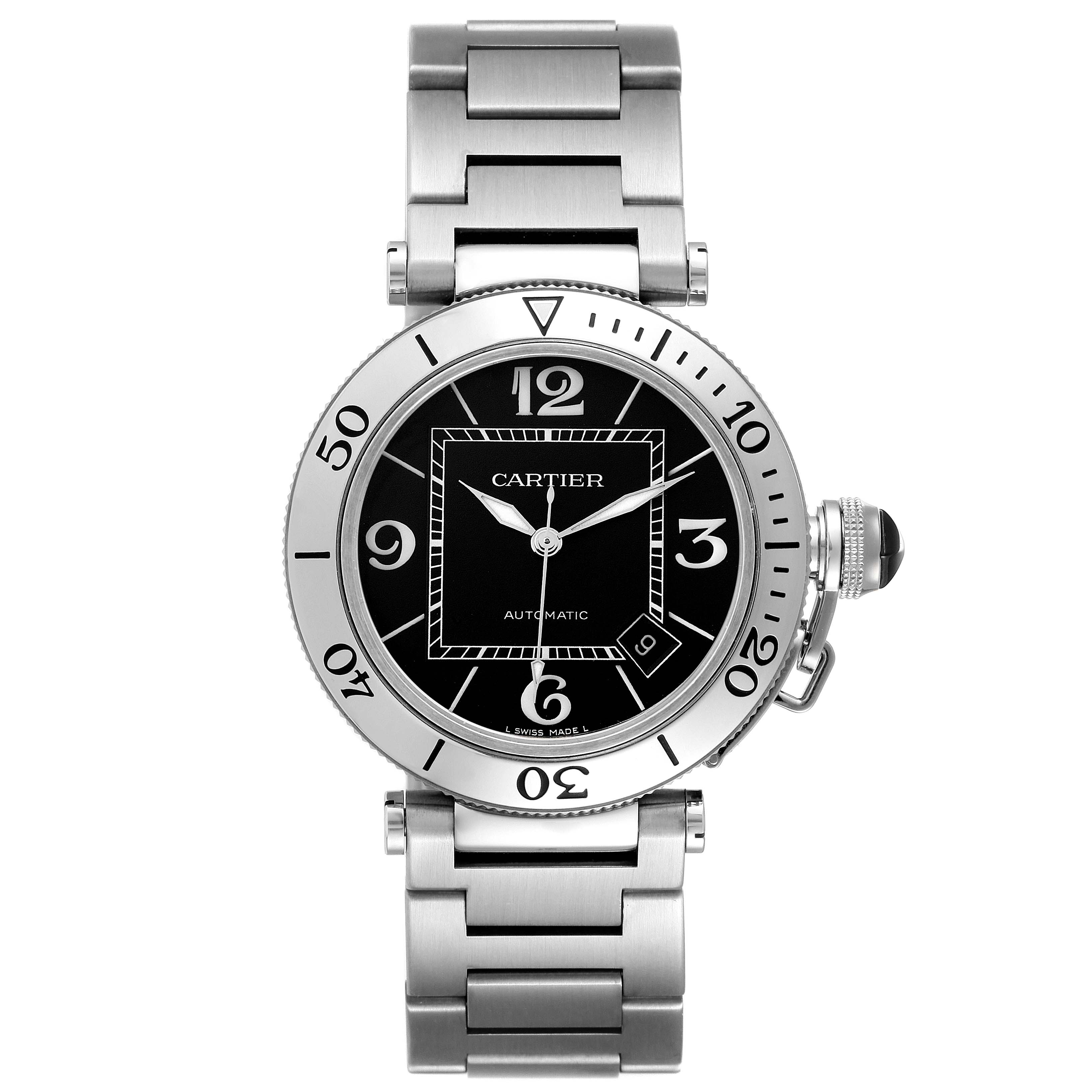 The Cartier Pasha W31077M7 Men
s Stainless Steel Black Dial W31077M7 Men
s Stainless Steel Black Dial watch is shown from the front, displaying the dial, bezel, and bracelet.