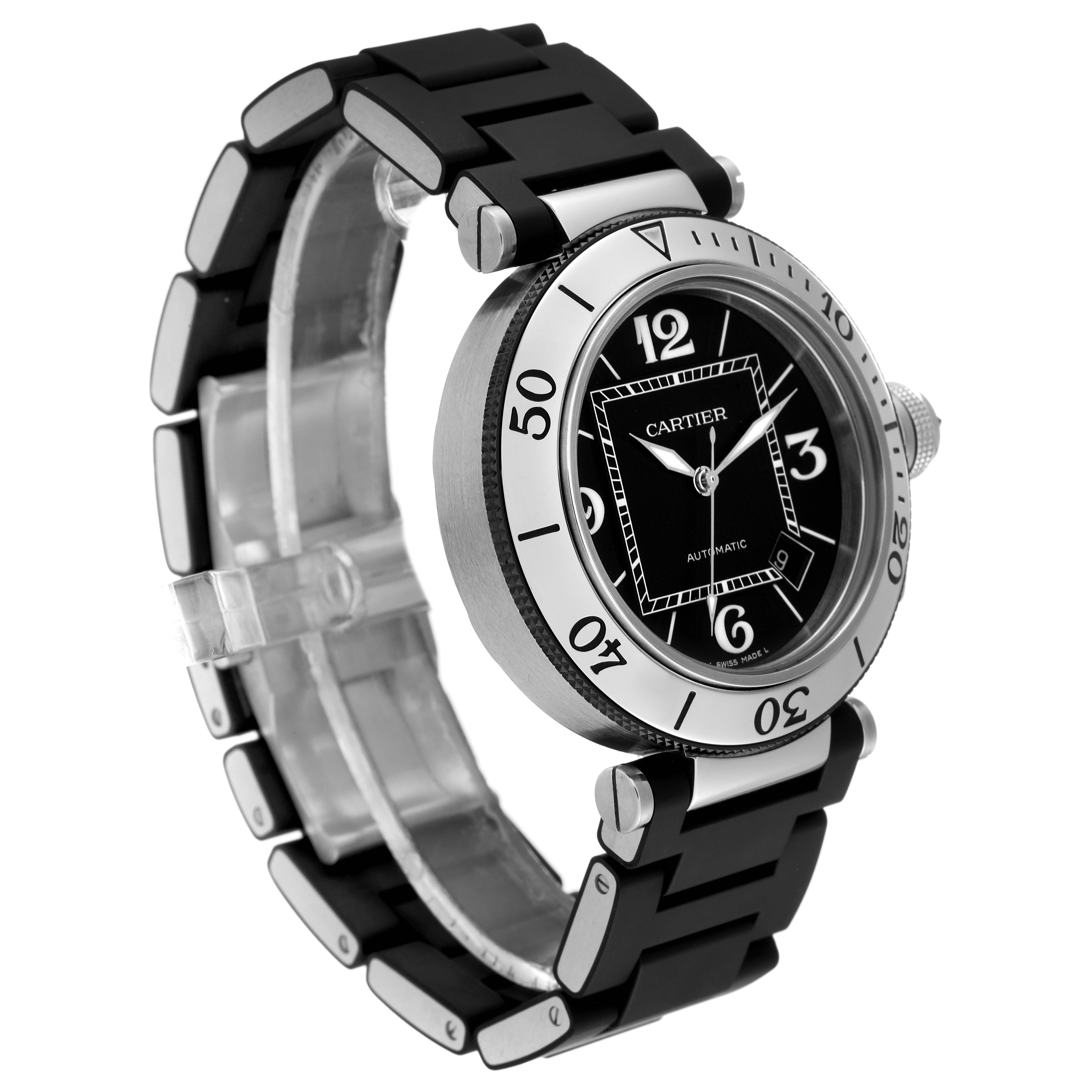 The image shows a side angle of the Cartier Pasha W31077U2 Men
s Stainless Steel Black Dial W31077U2 Men
s Stainless Steel Black Dial watch, displaying its black dial, bezel, and rubber strap.